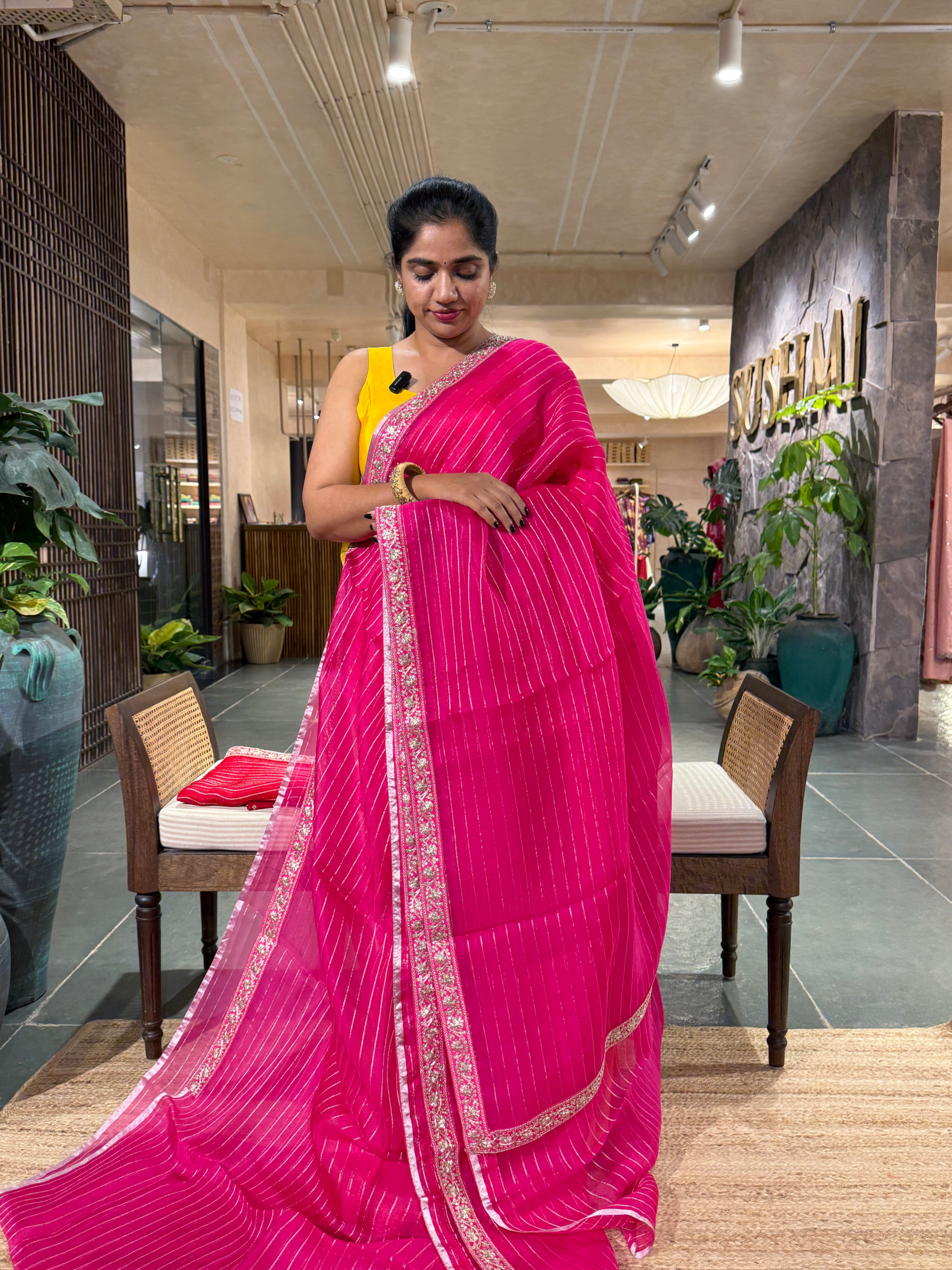 SOSSM2902  Fuschia Pink Organza Silk  Saree hemlined with Sabhyasachi Borders