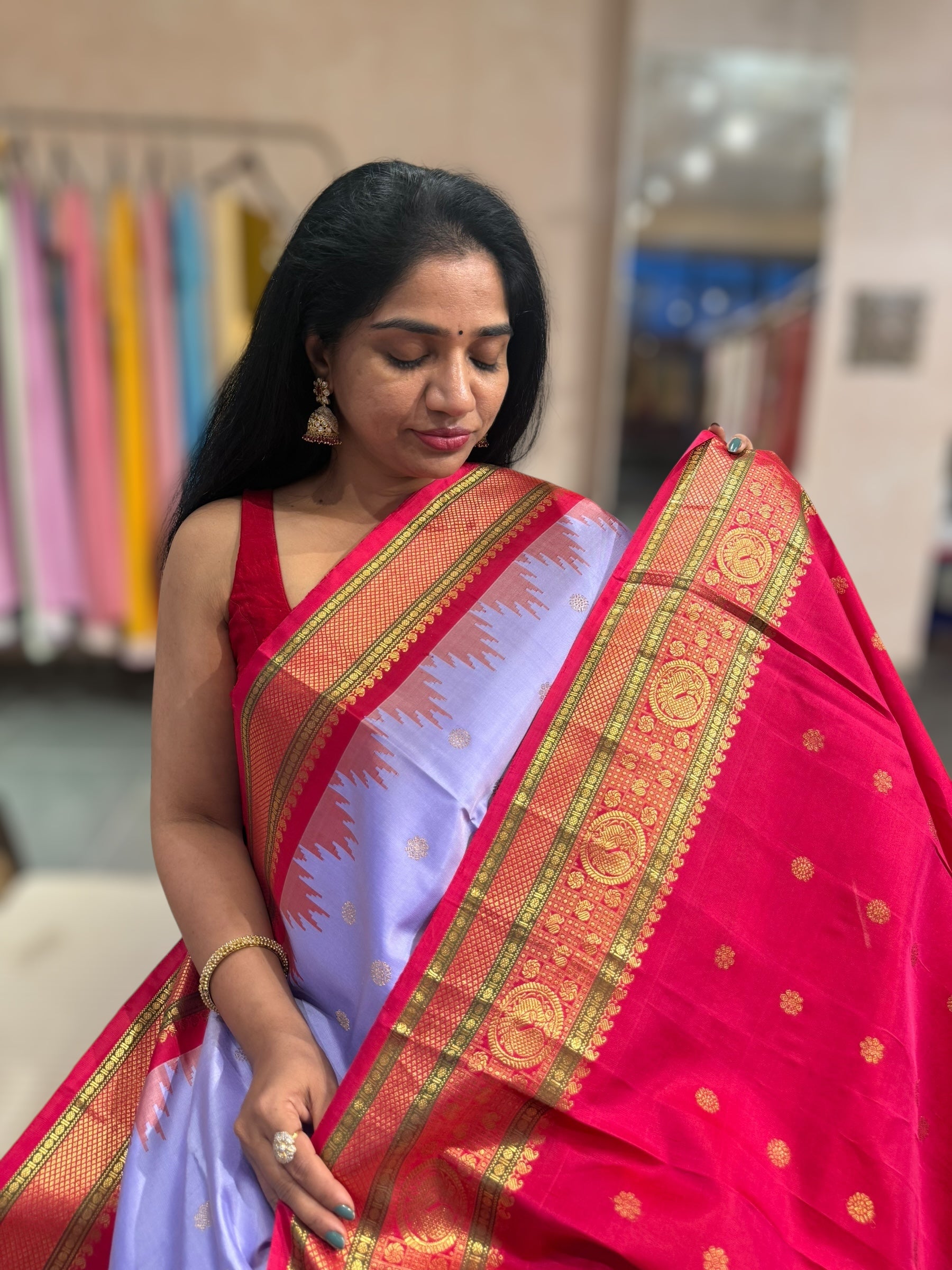 lilac & Reddish Pink Combo Gadwal Handloom Pure Silk Saree