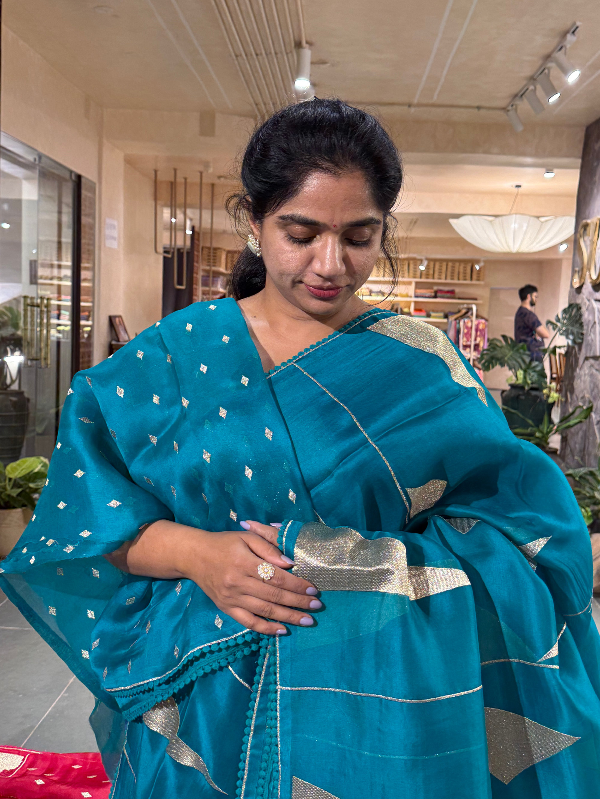 SOCA105 Teal Pure Organza Silk Saree in contemporary style