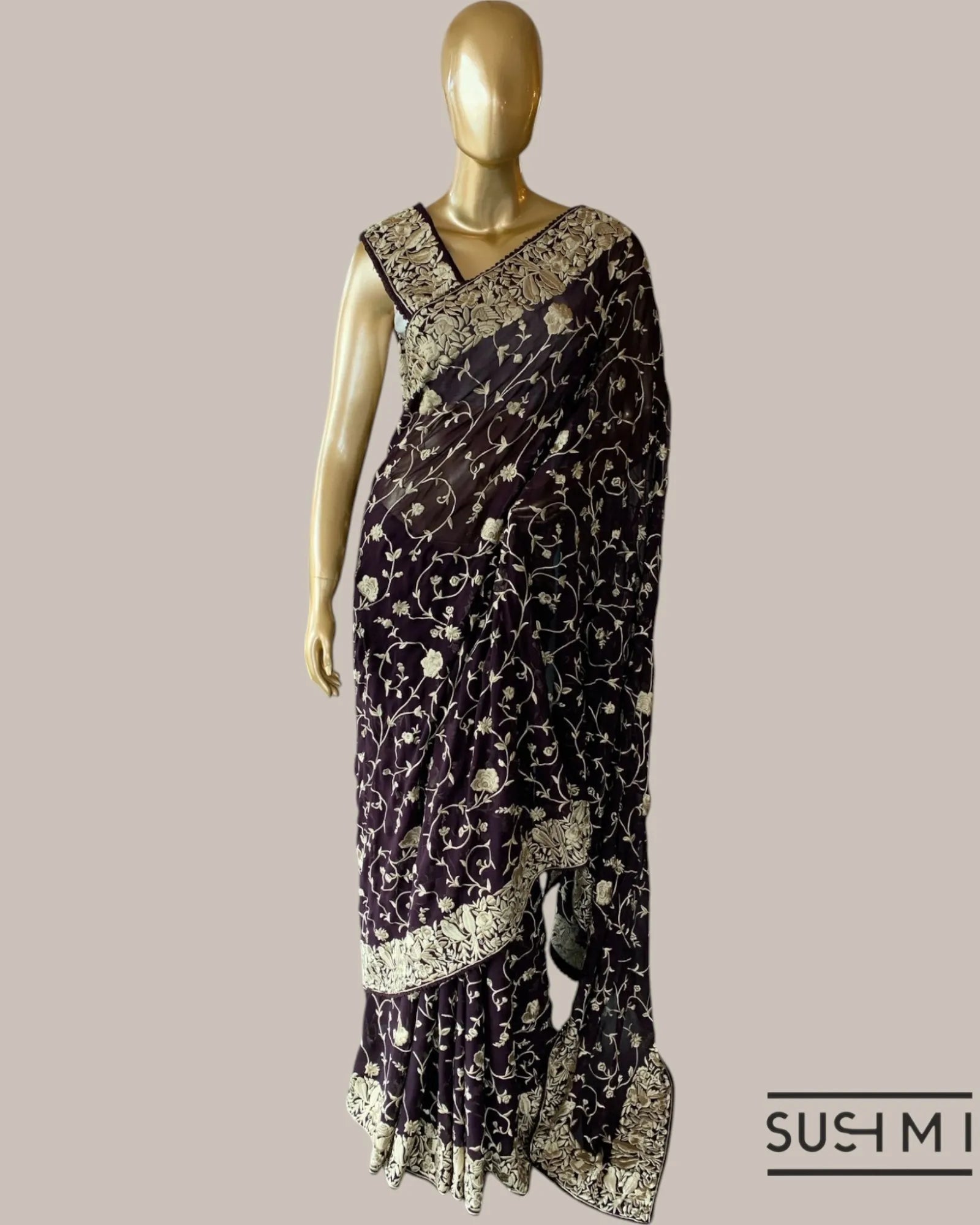 Coffee Brown Pure Gorgette Saree With Parsi Gara Style Allover Embroidery   Orig