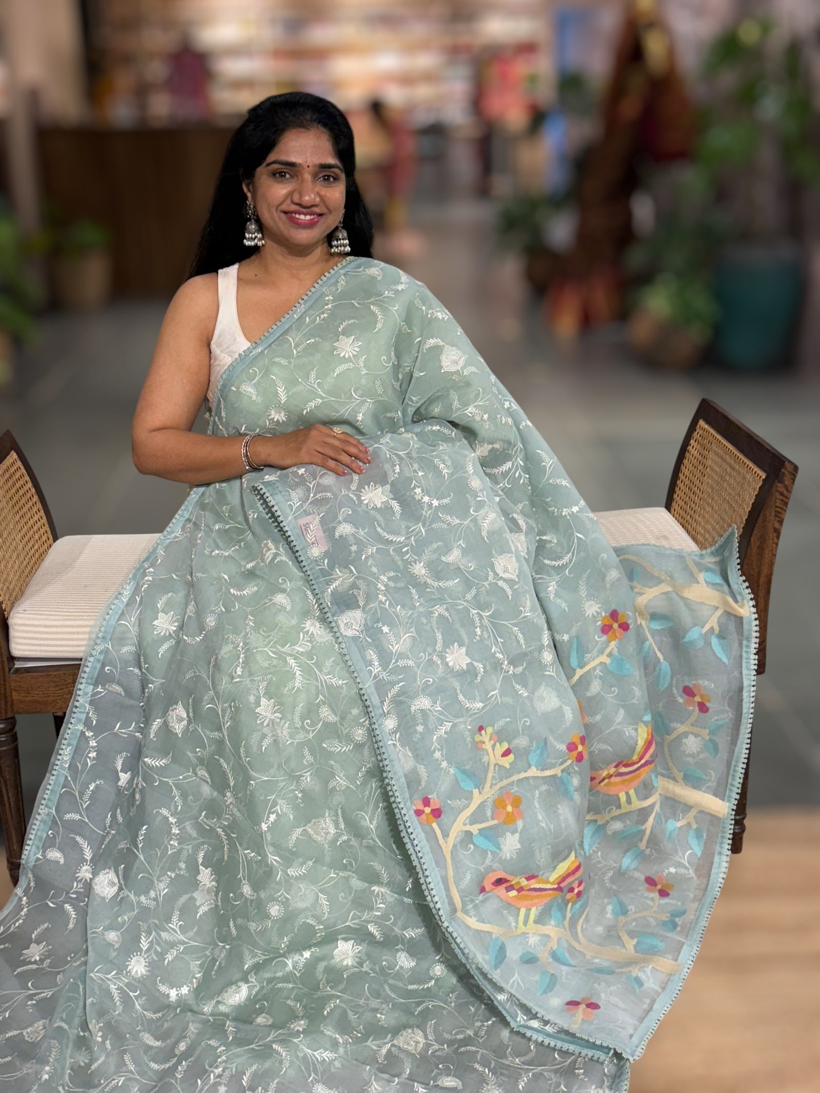 Pastel Blue Pure Handloom Muslin Saree with Allover chikankari & Jamdnai Pallu