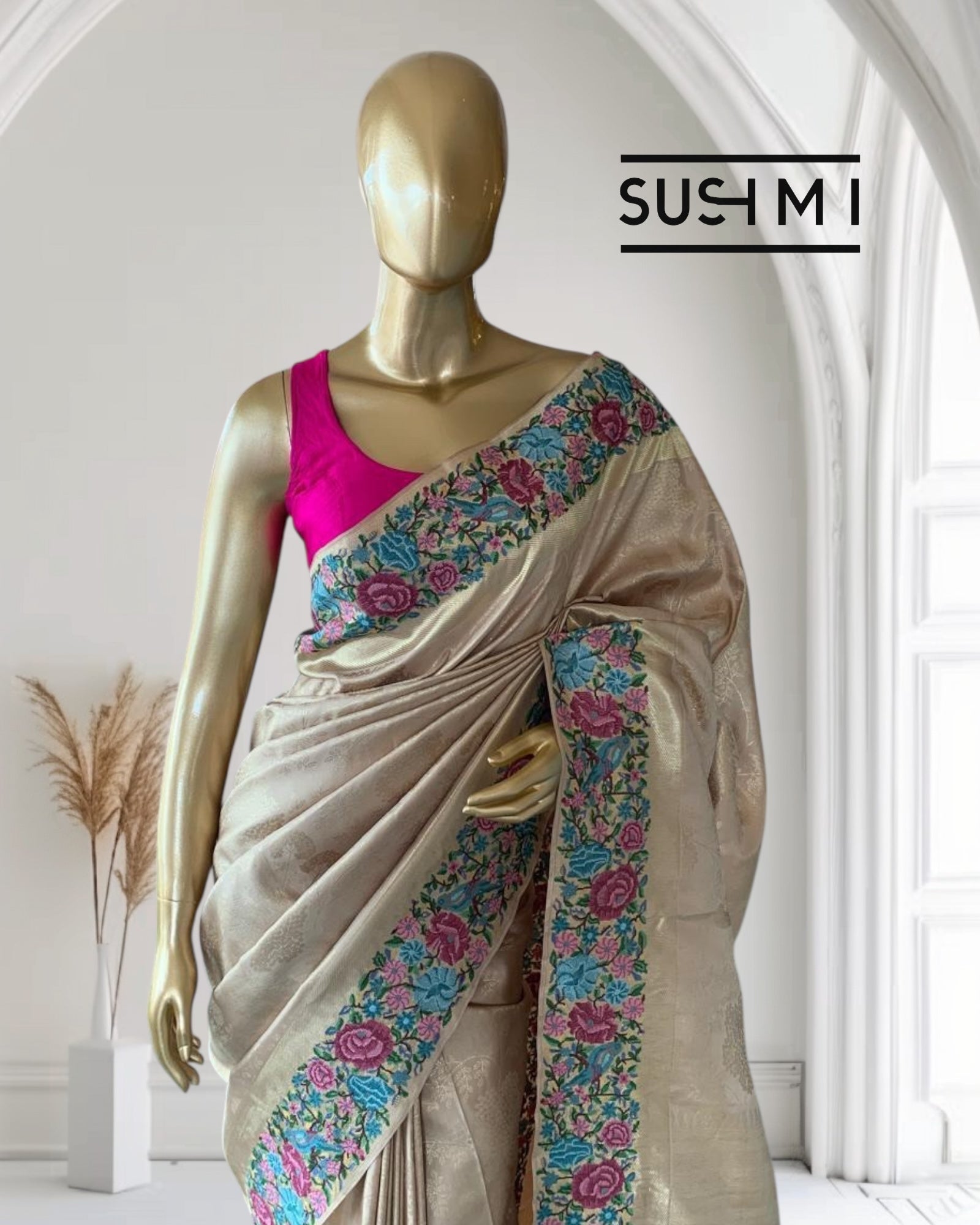 Wheat Tone  Pure  Kanchi Brocade Saree with Petite Point Embroidery