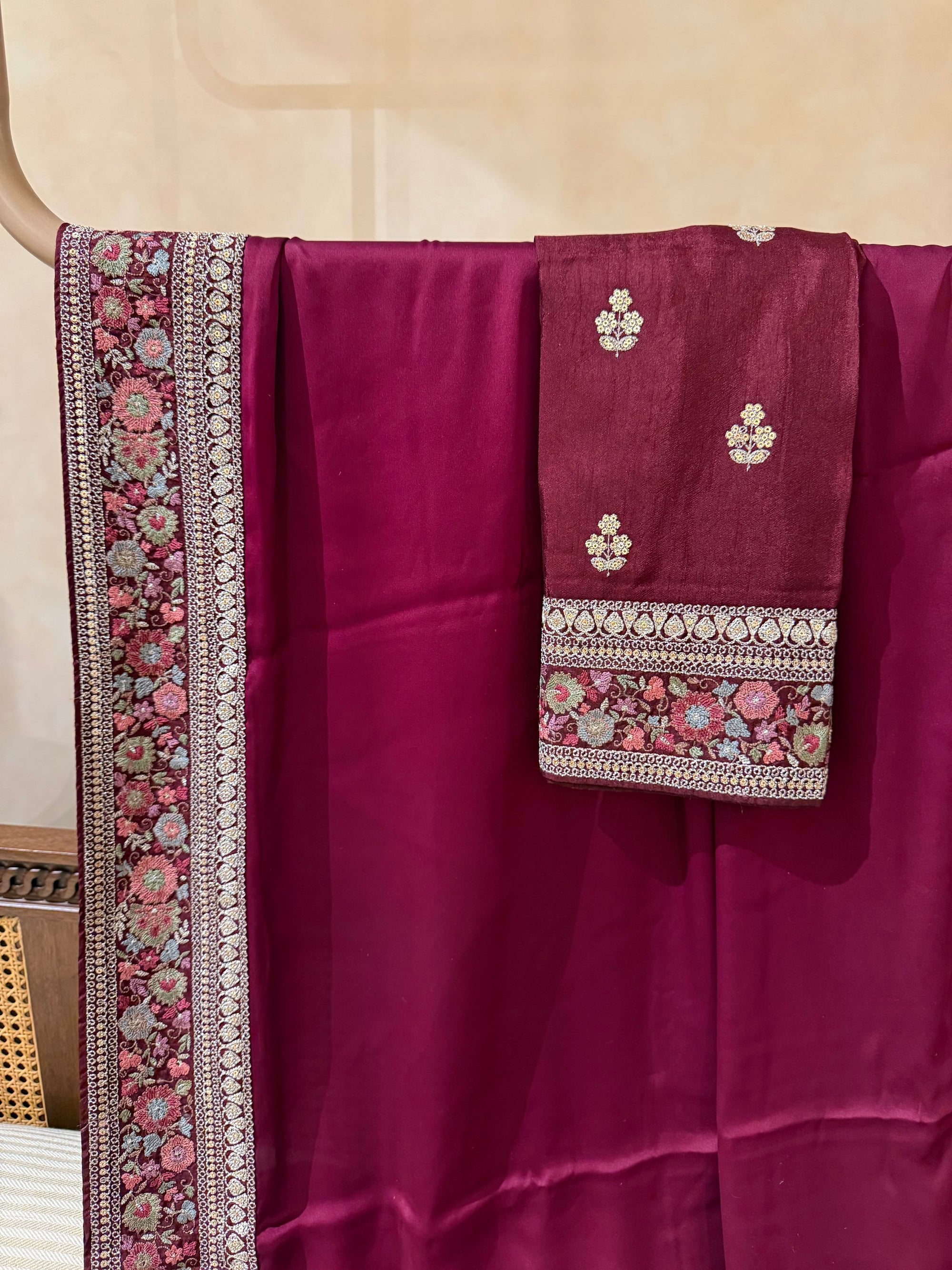 SSSM212 Wine Pure Satin Silk Saree with Sabyasachi Inspired Borders and Blouse