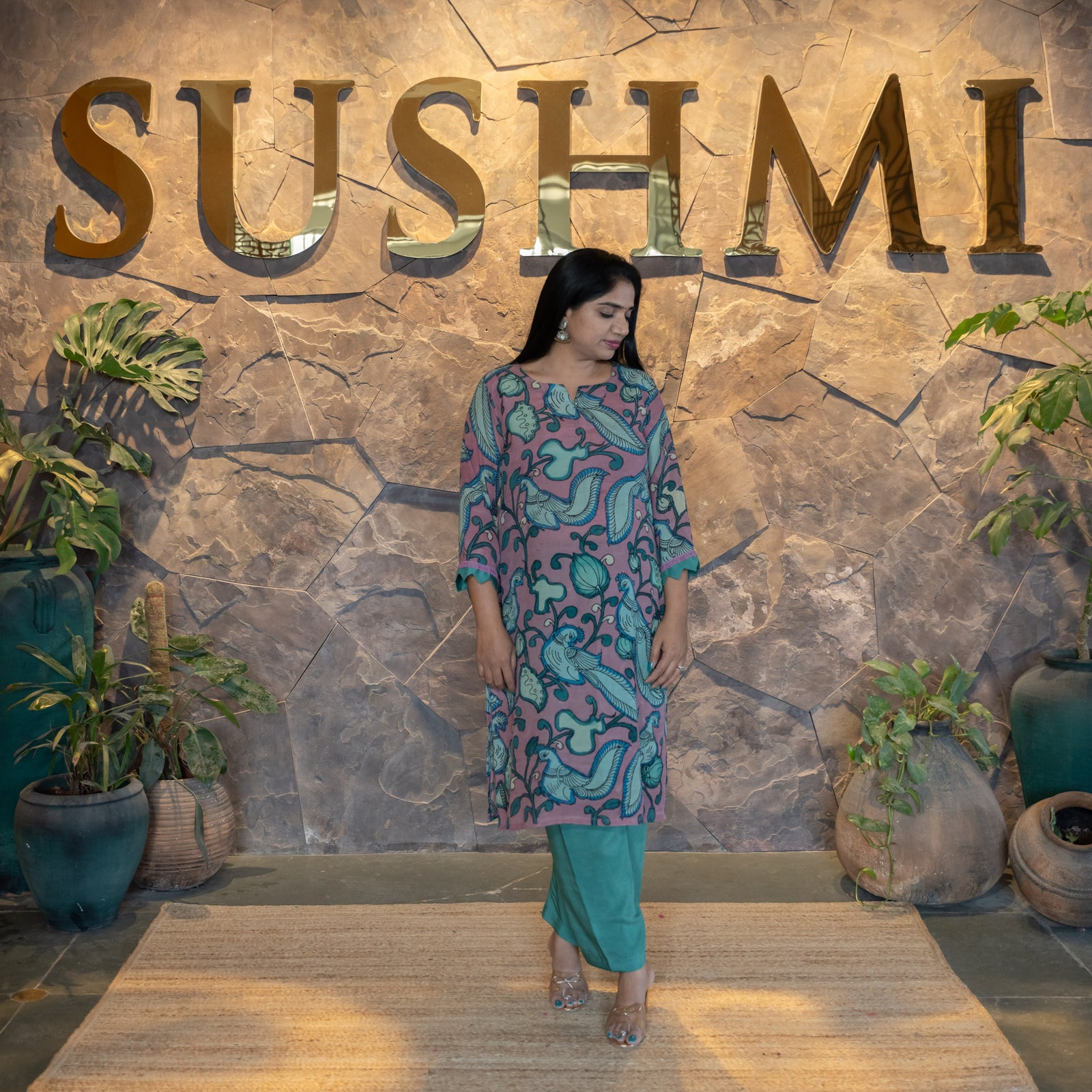 Statement Peacock Pen Kalamkari Silk Coordset