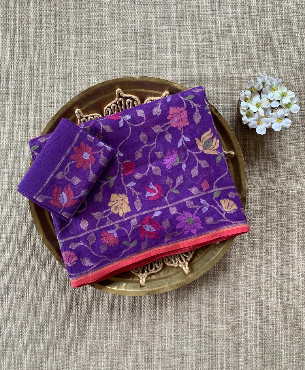 Brinjal Banarasi Handloom Cotton Cut Jamdani Saree With Allover Meenakari