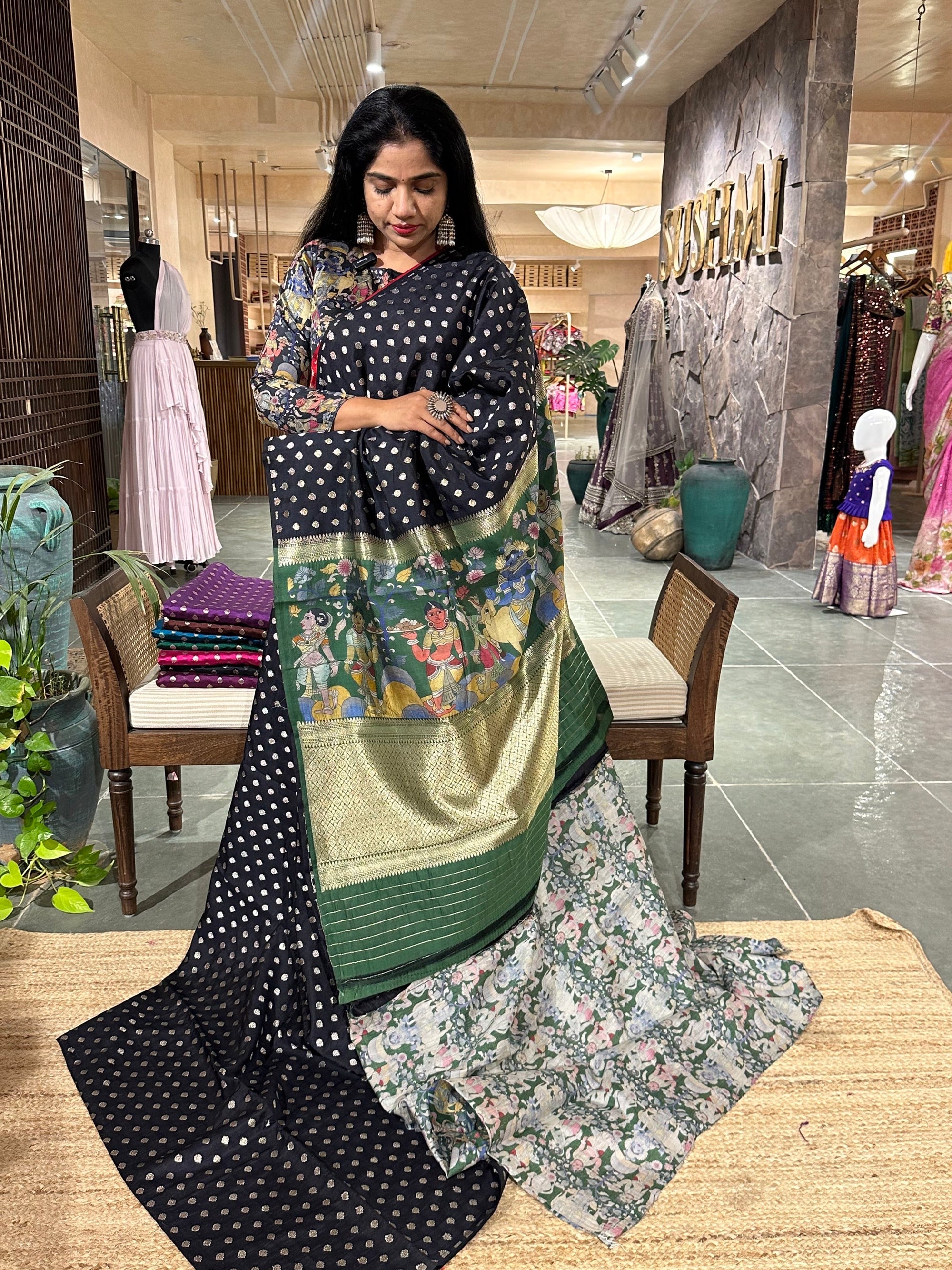Banarasi chinia silk with krishna theme pallu-Black and emerald Green