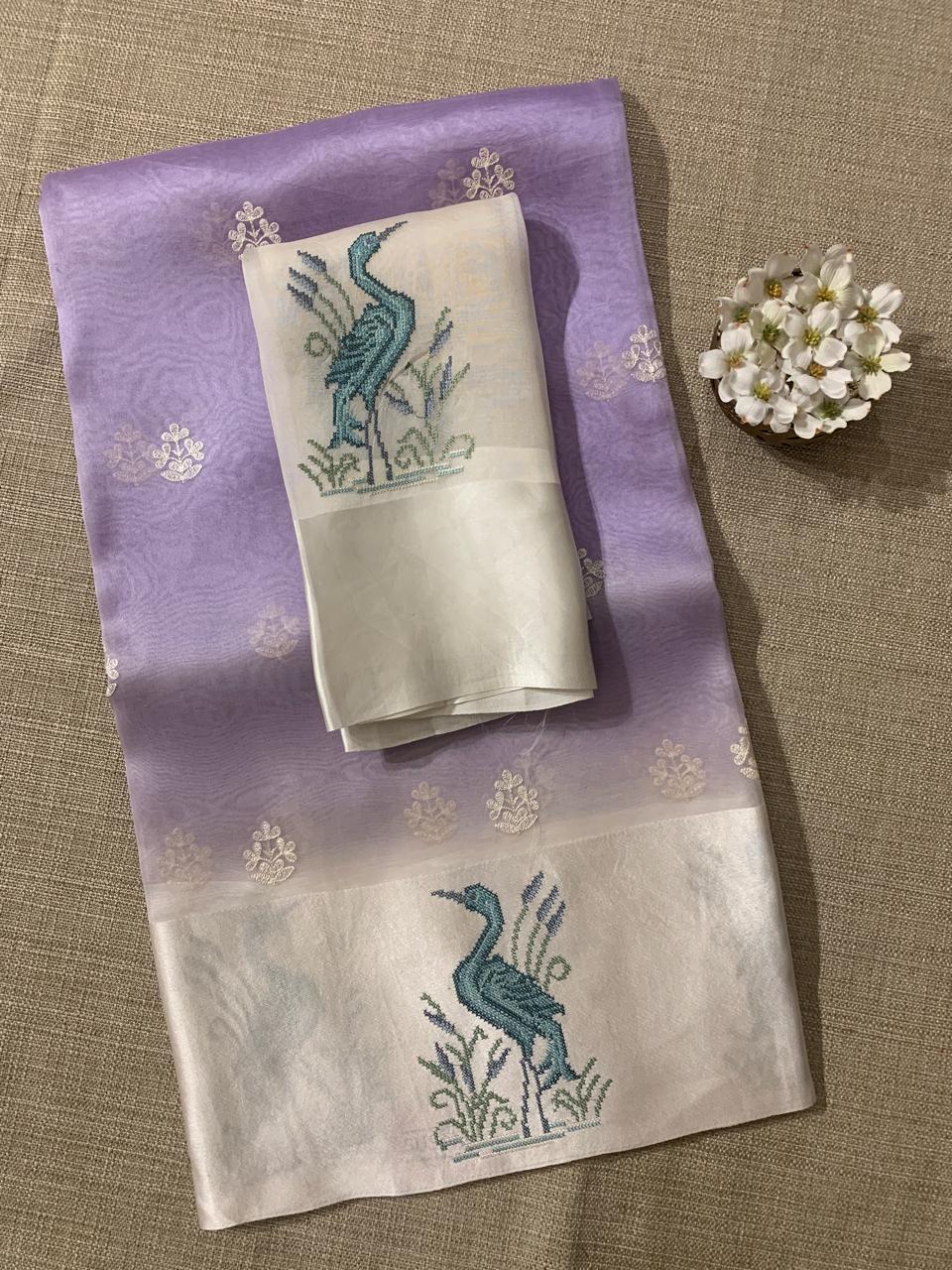 LilacPure Organza Silk Saree with Petite Point Embriodered Swans Mashru Borders
