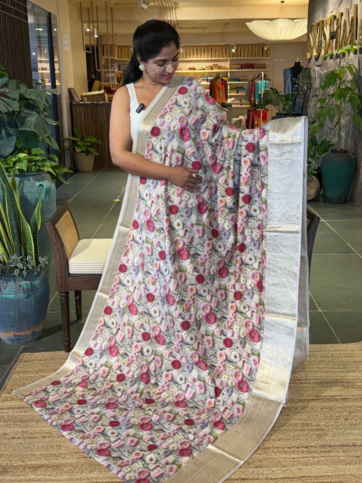 Banarasi Chiniya Silk Sarees with beautiful embroidery style 3D floral Print