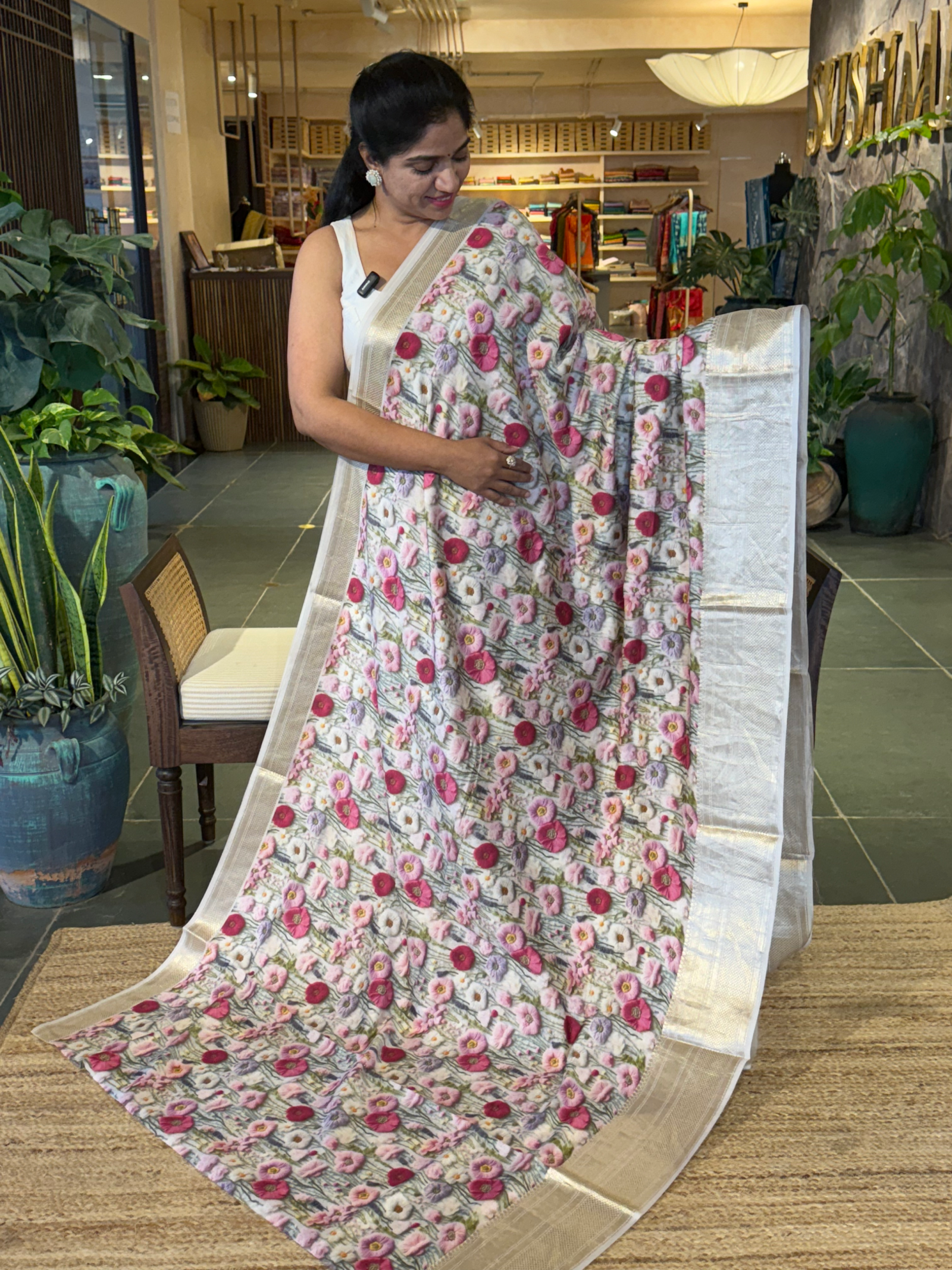 Banarasi Chiniya Silk Sarees with beautiful embroidery style 3D floral Print