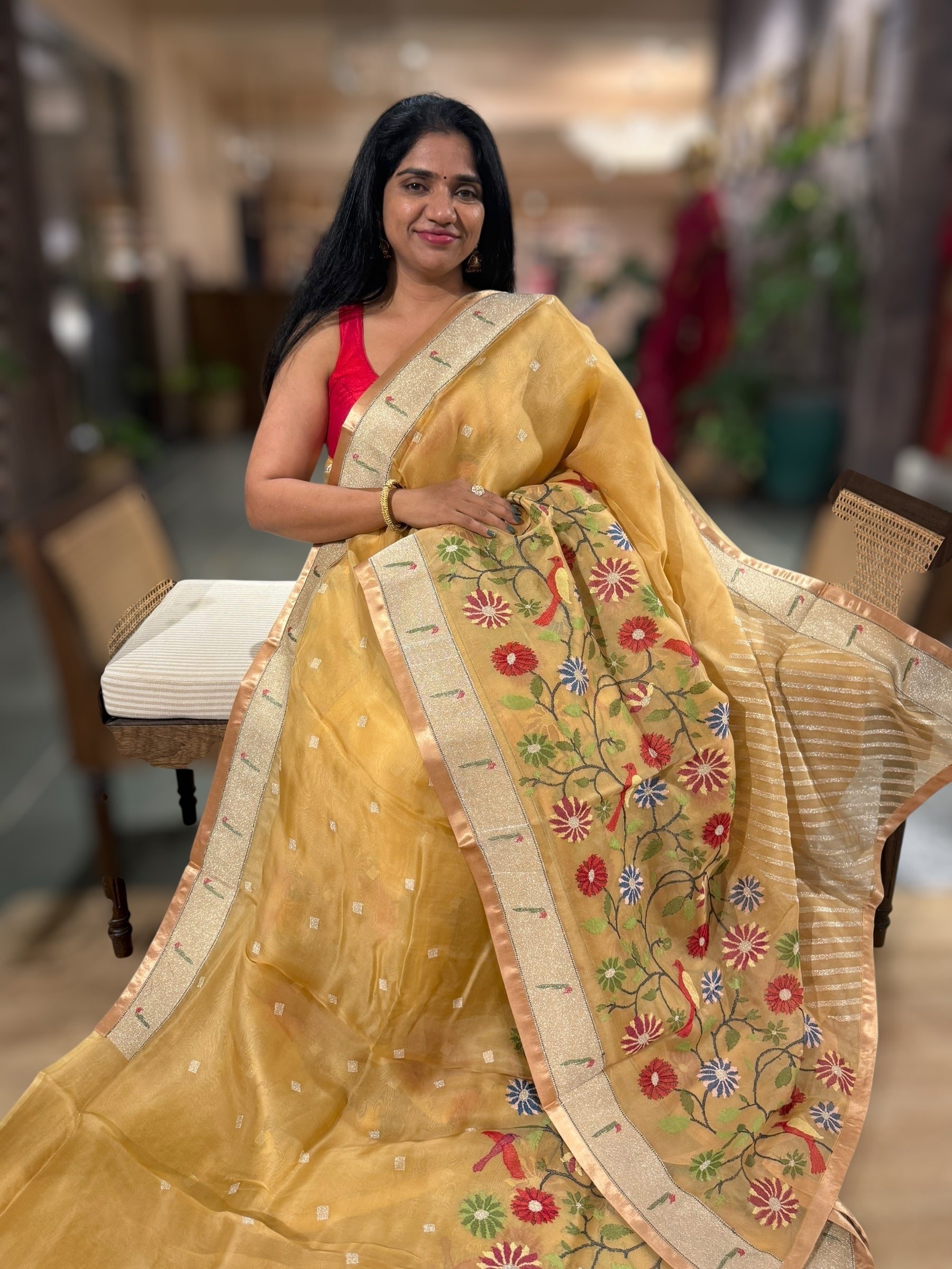 Beige Gold Organza Silk Saree With Jamdani Inspired Embroidery