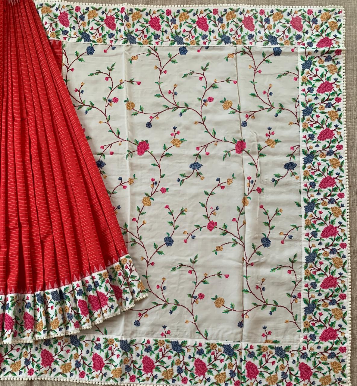 Red Kanchi Soft Silk Saree With Petite Point Embroidered Border Pallu & Blouse