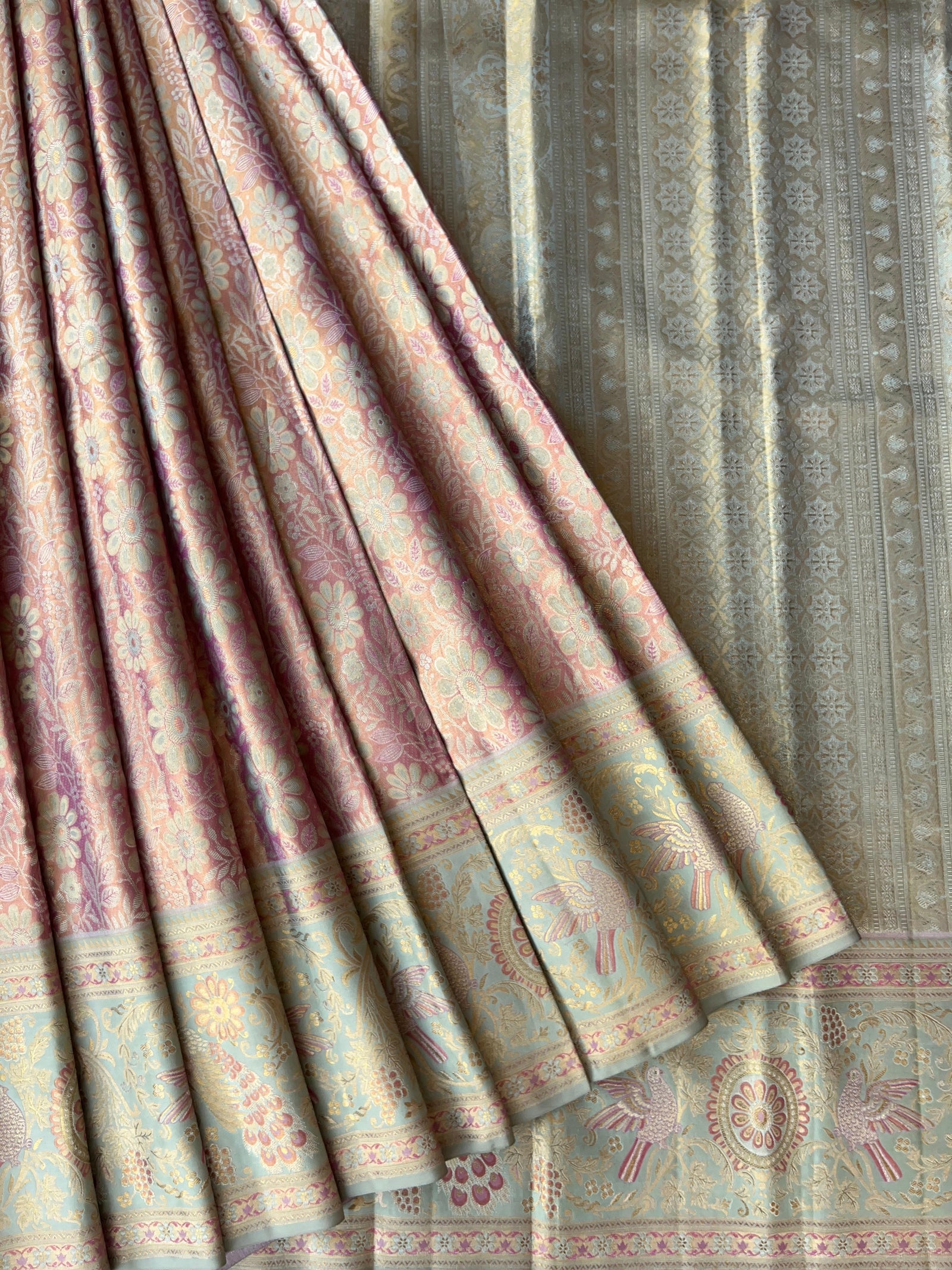 Pastel Pink & Piwder Blue  Kanchi Pattu Saree With Allover Meenakari Weaving