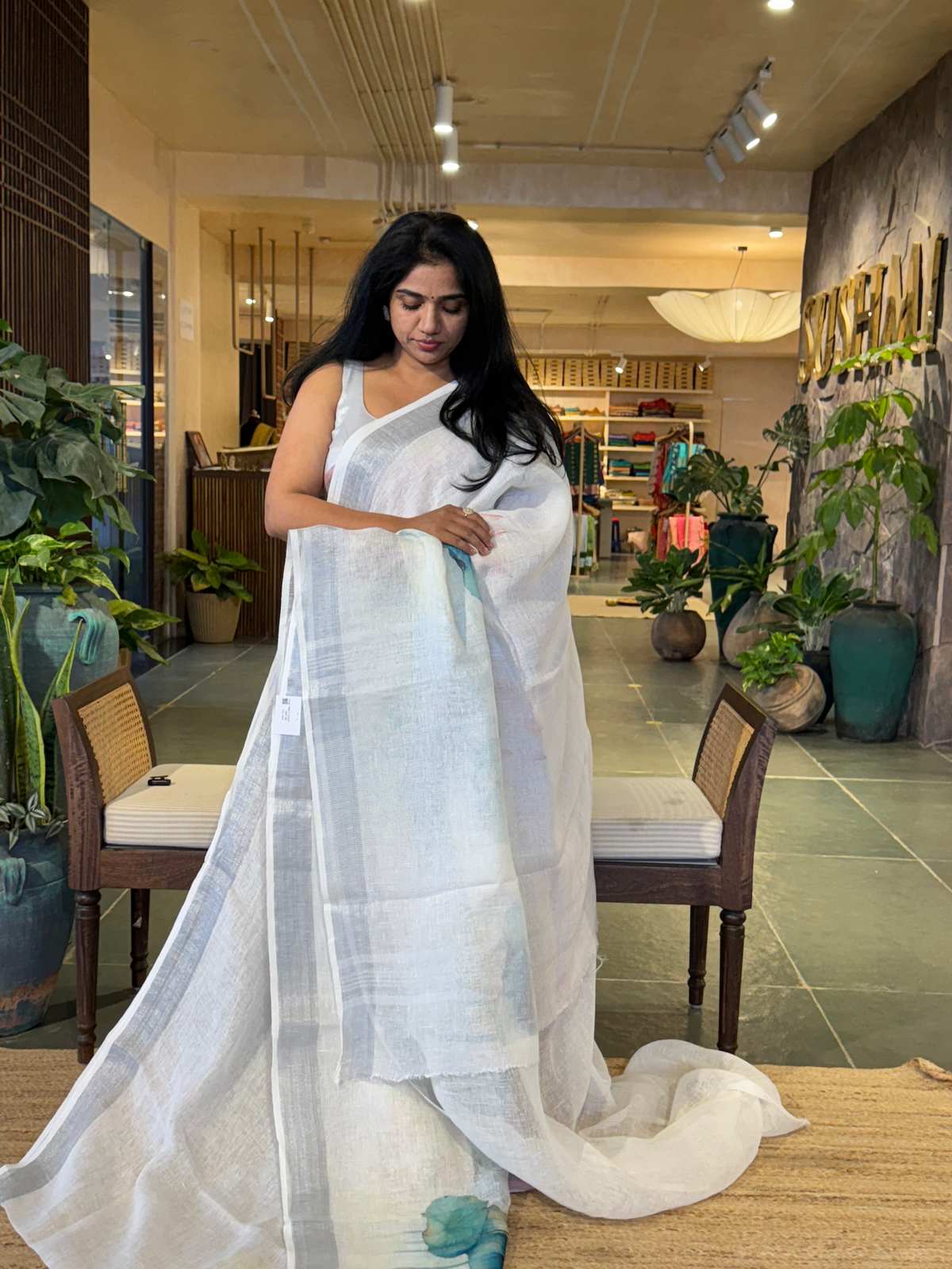 Snow White Pure Handloom Lenin Saree With Pichwai Print