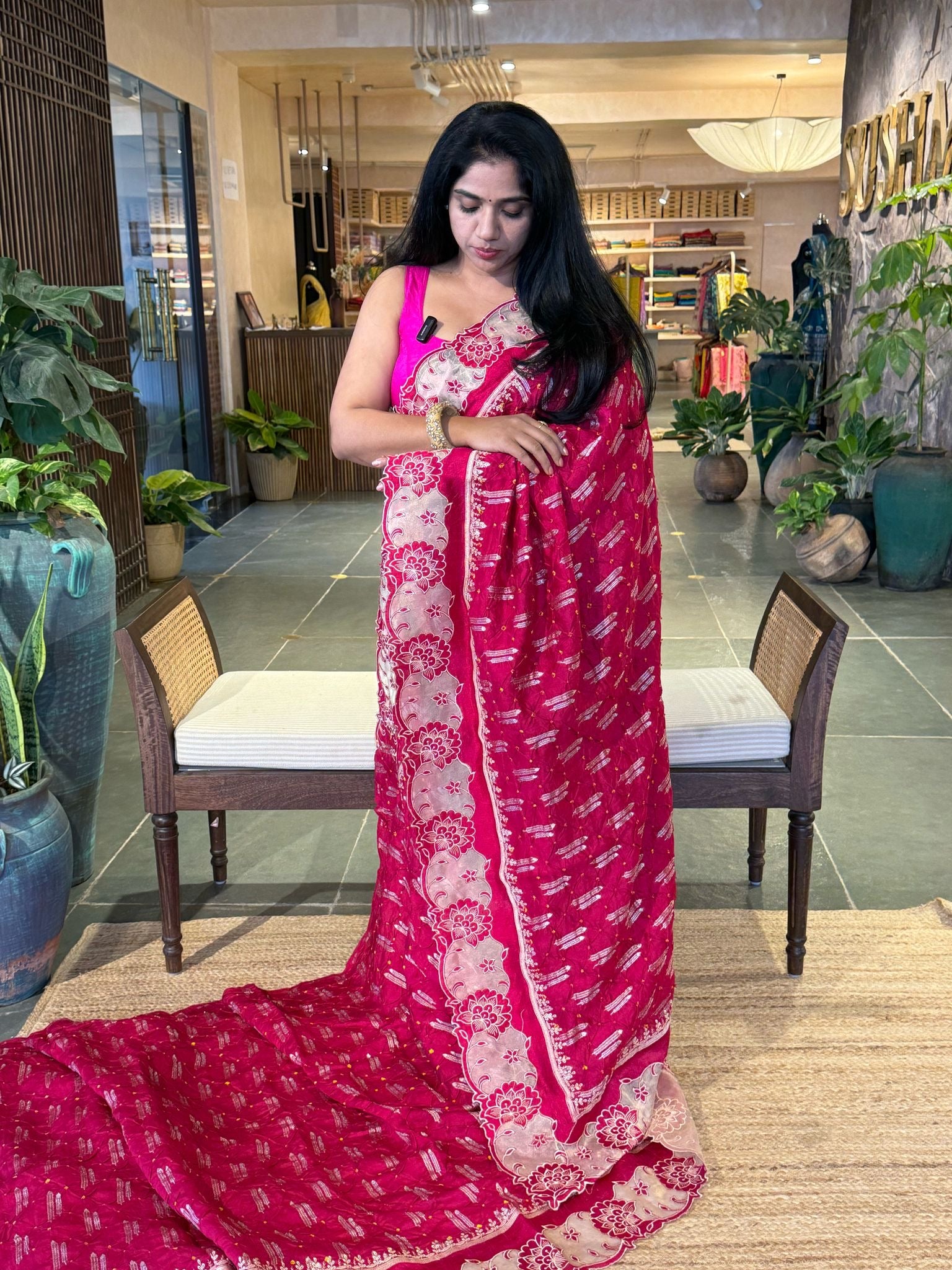 Banarasi Handloom Chiniya Silk Bandhini with Tissue Applique