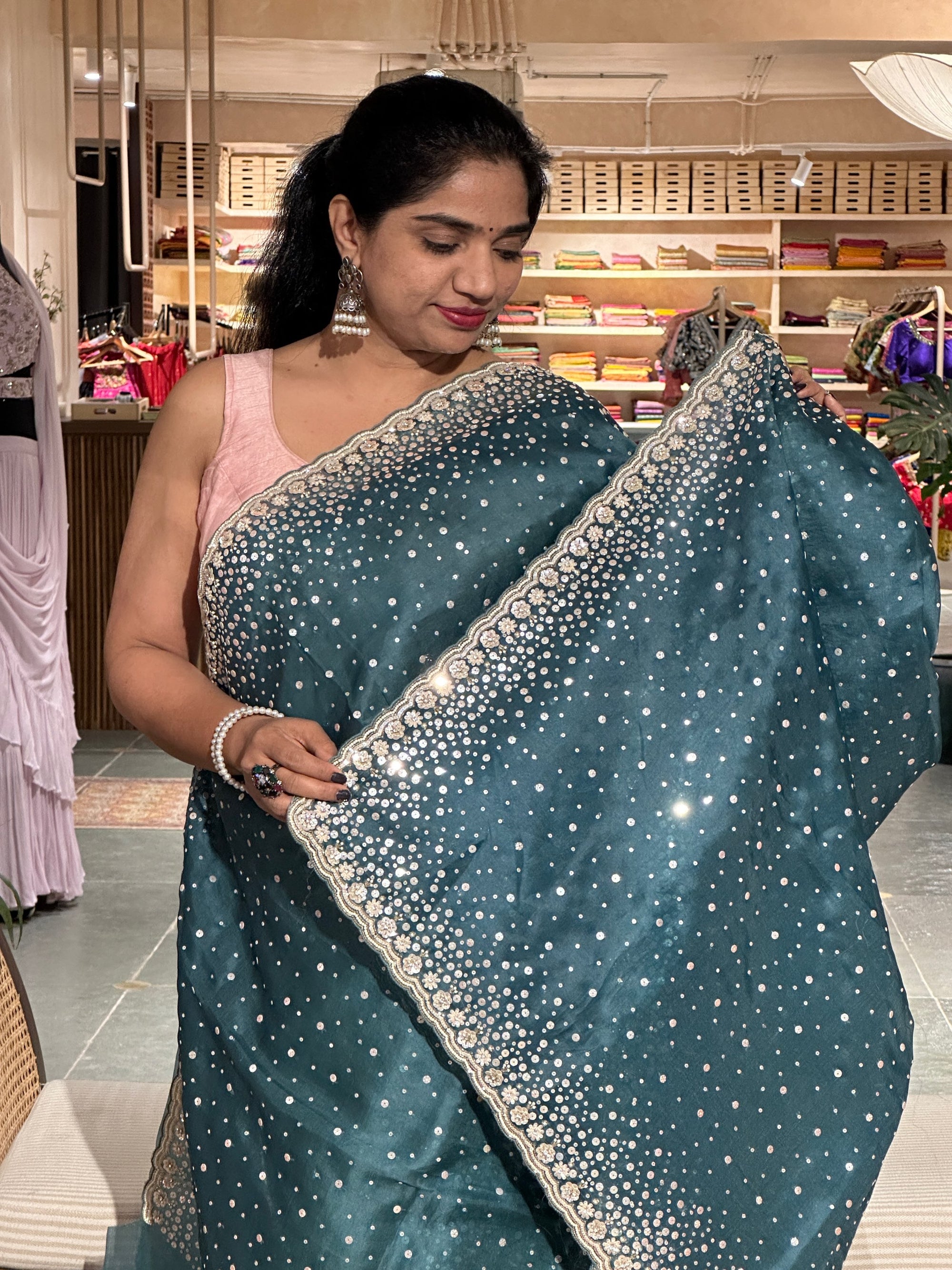 Peacock Blue Pure Organza Handwork Saree