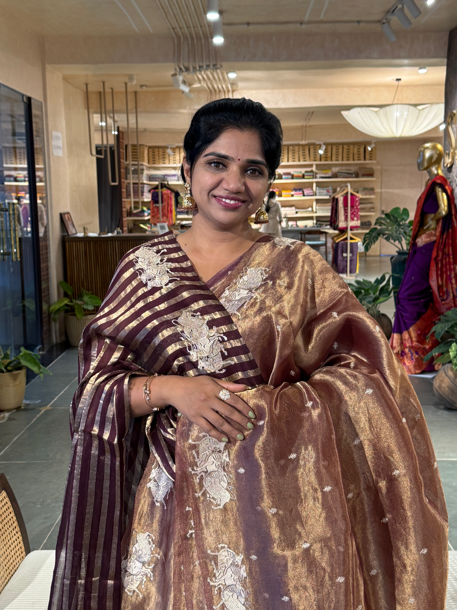Winish Brown Tissue  Saree with  Nandi Embroidery & Stripes Tissue  Blouse