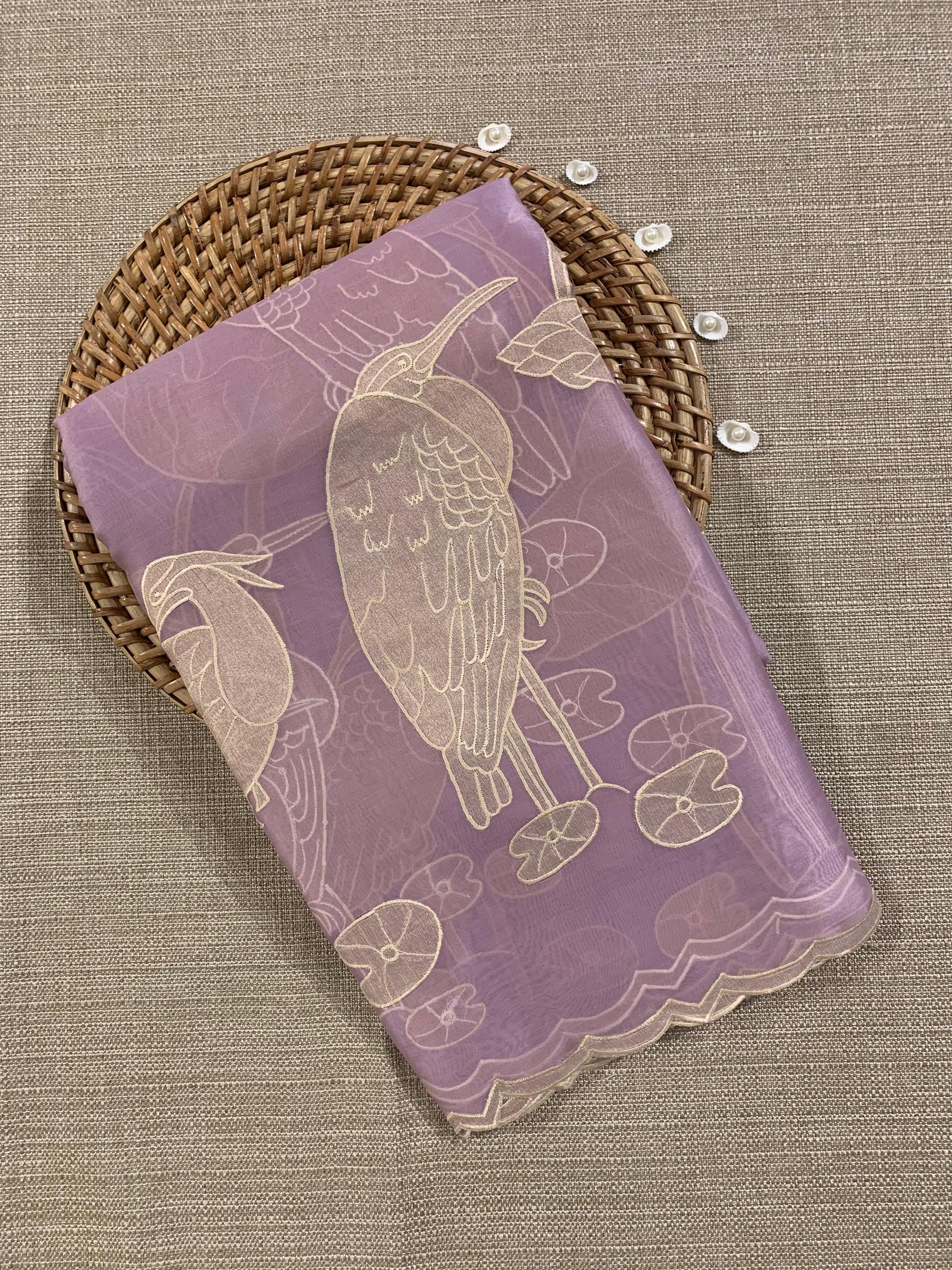 Lilac Pure Organza Designer Saree with Allover Tissue Applique Embroidery