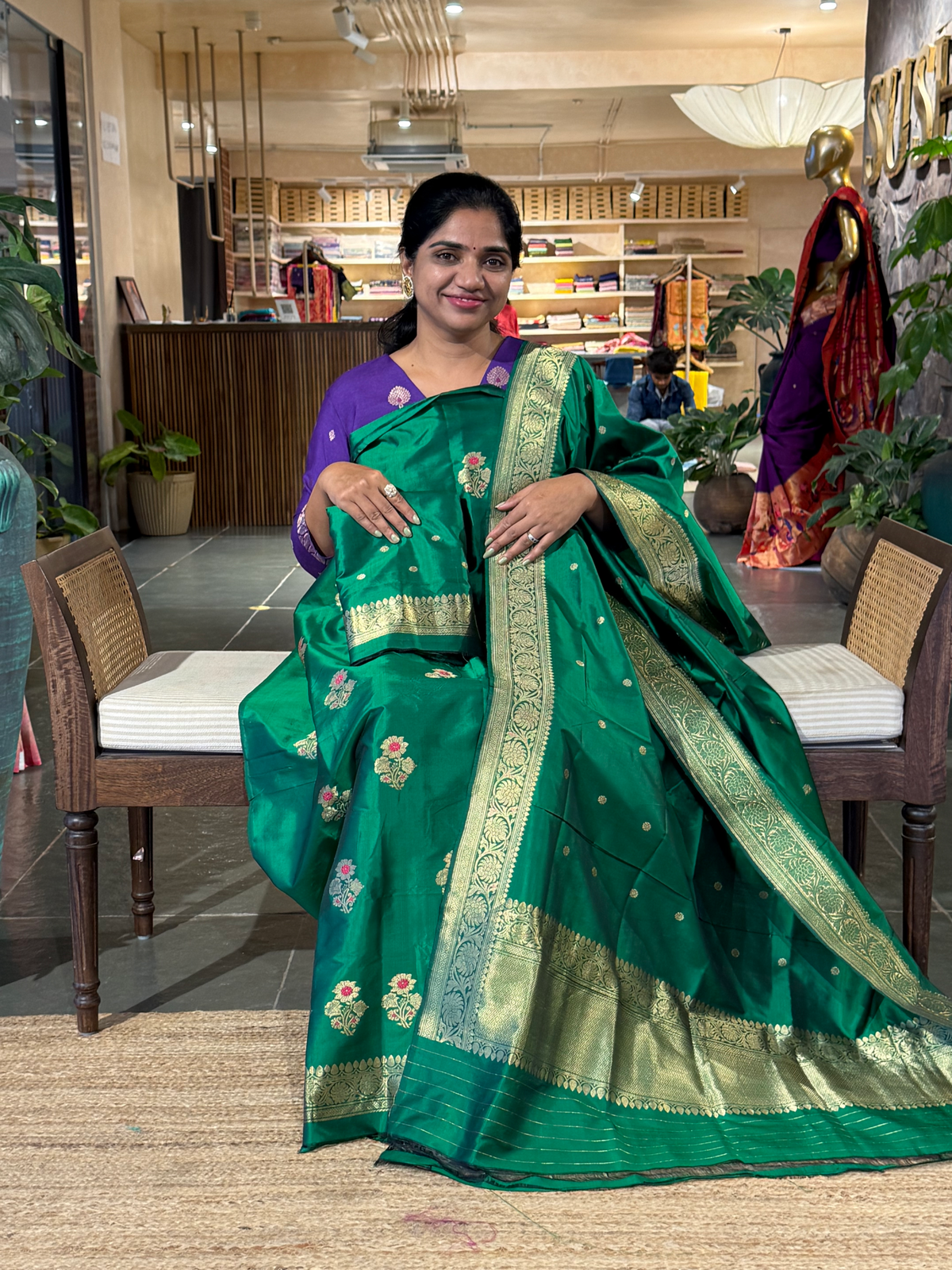 Emerald Green Katan Silk  3 pc Suit Set with meenakari kaduwa weaving