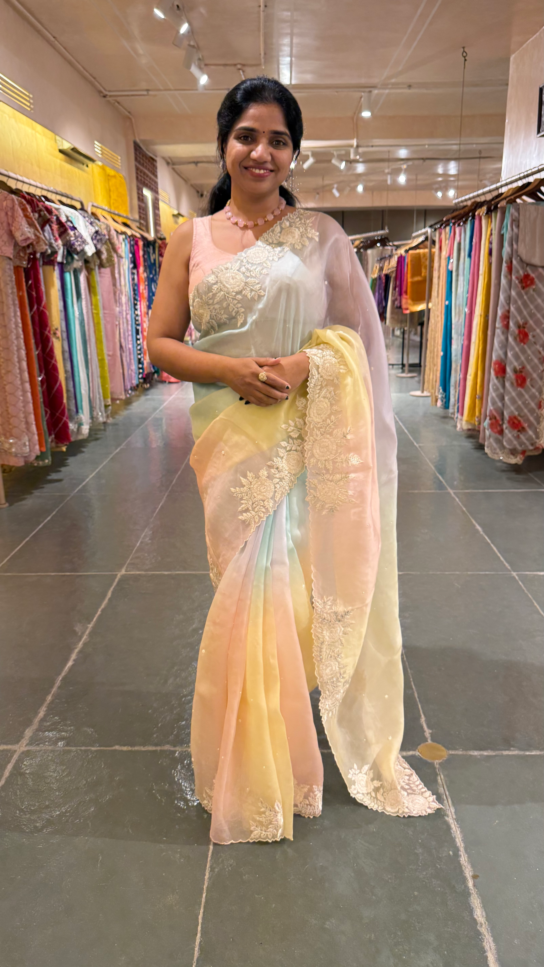 Ombre Dyed Pure Organza Silk Saree with Embroidered Borders