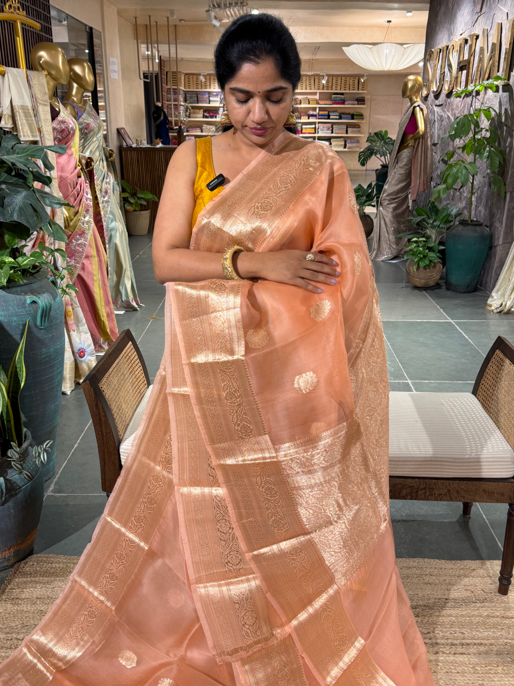 Peach Pure Handloom Kora Banarasi Saree