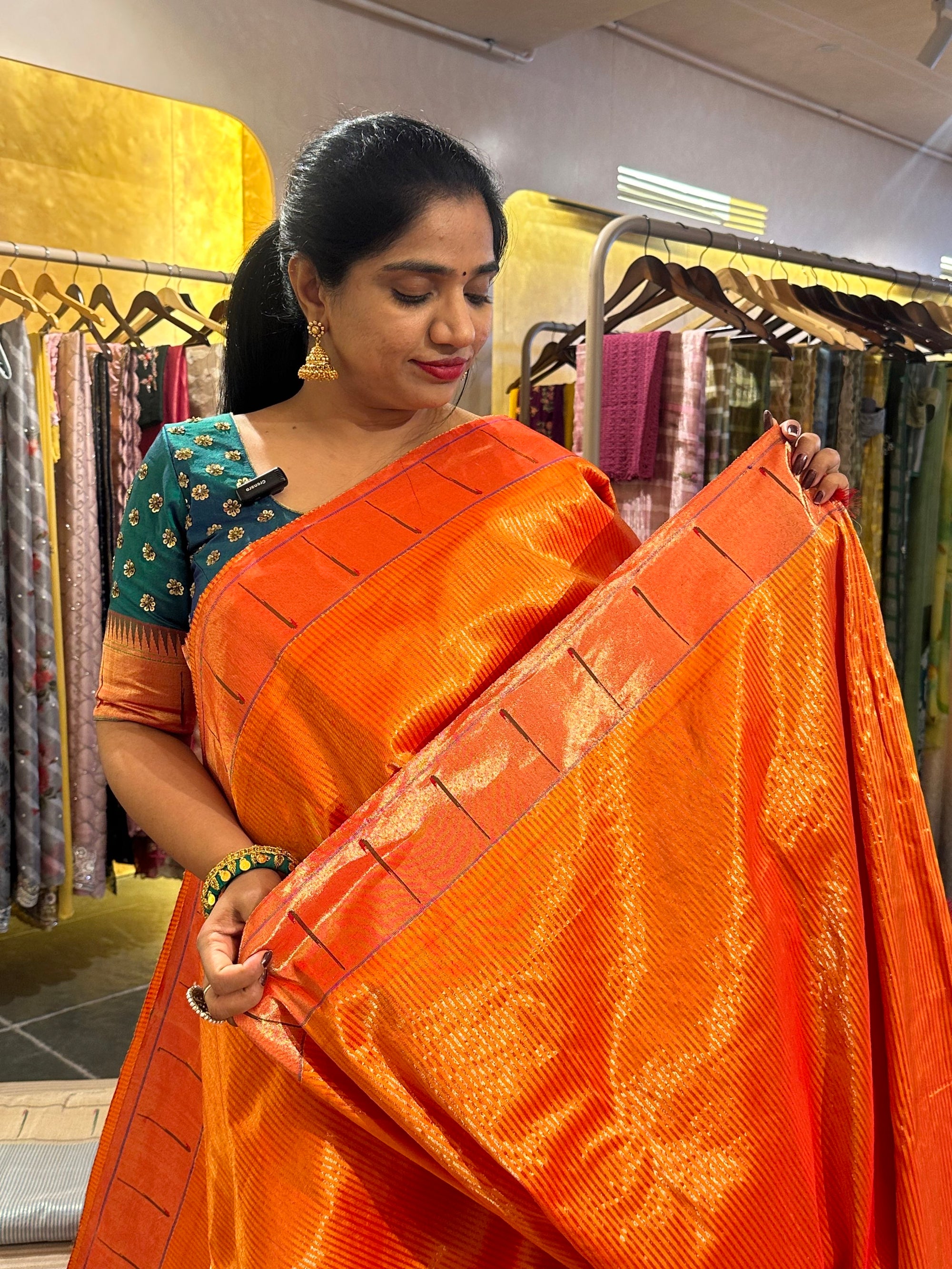 Orange tissue stripcolor single muniya pure paithani saree