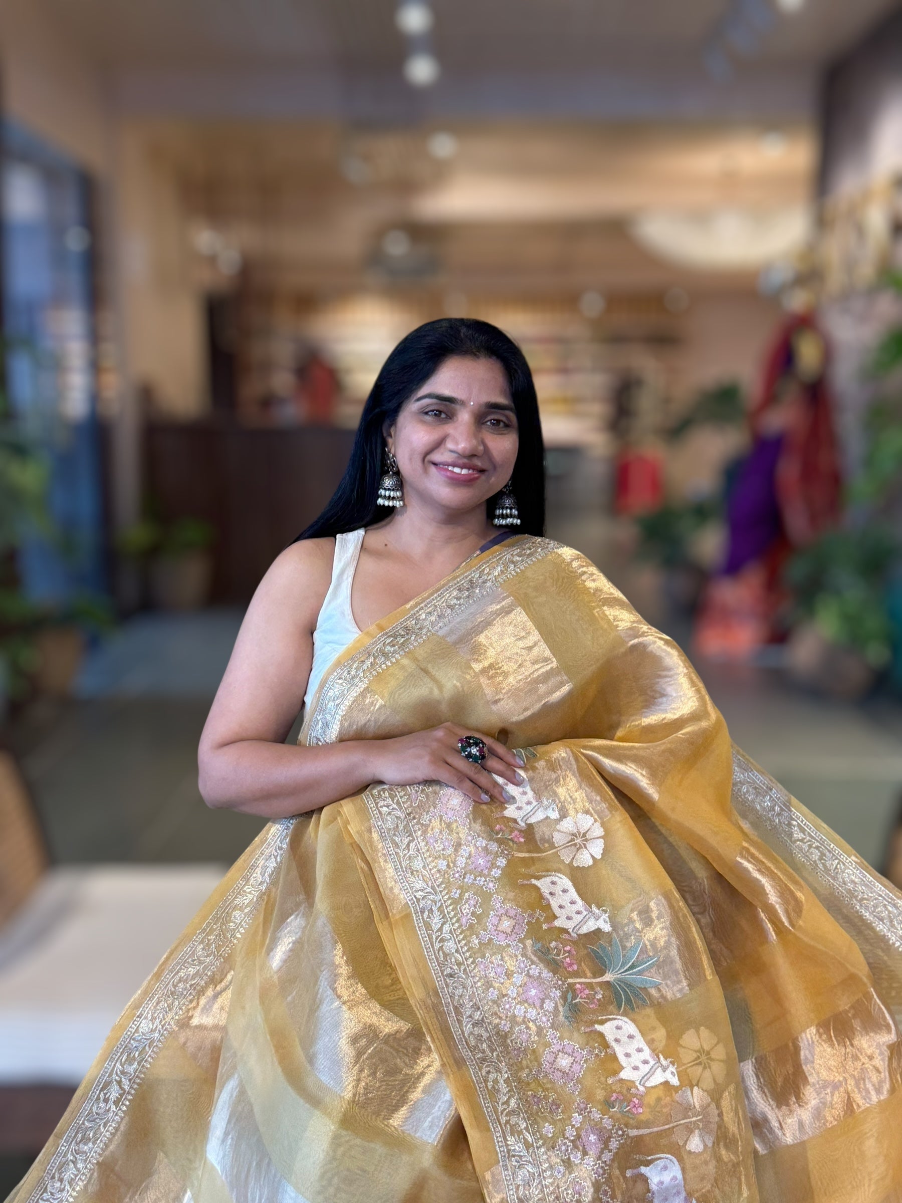 Mustard Kora Tissue Stripes Saree With Jamdani  & Pichwai embroidered Border