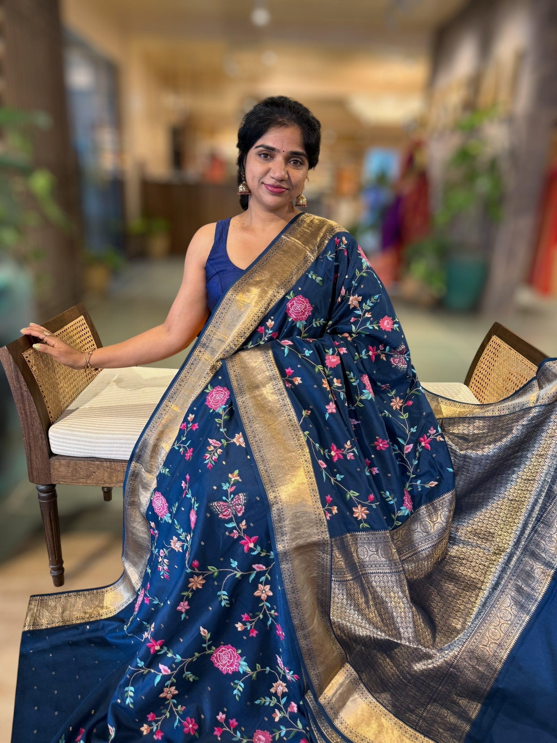 Midnight Blue Kanchi soft Silk Saree With Allover Petite Point Embroidery