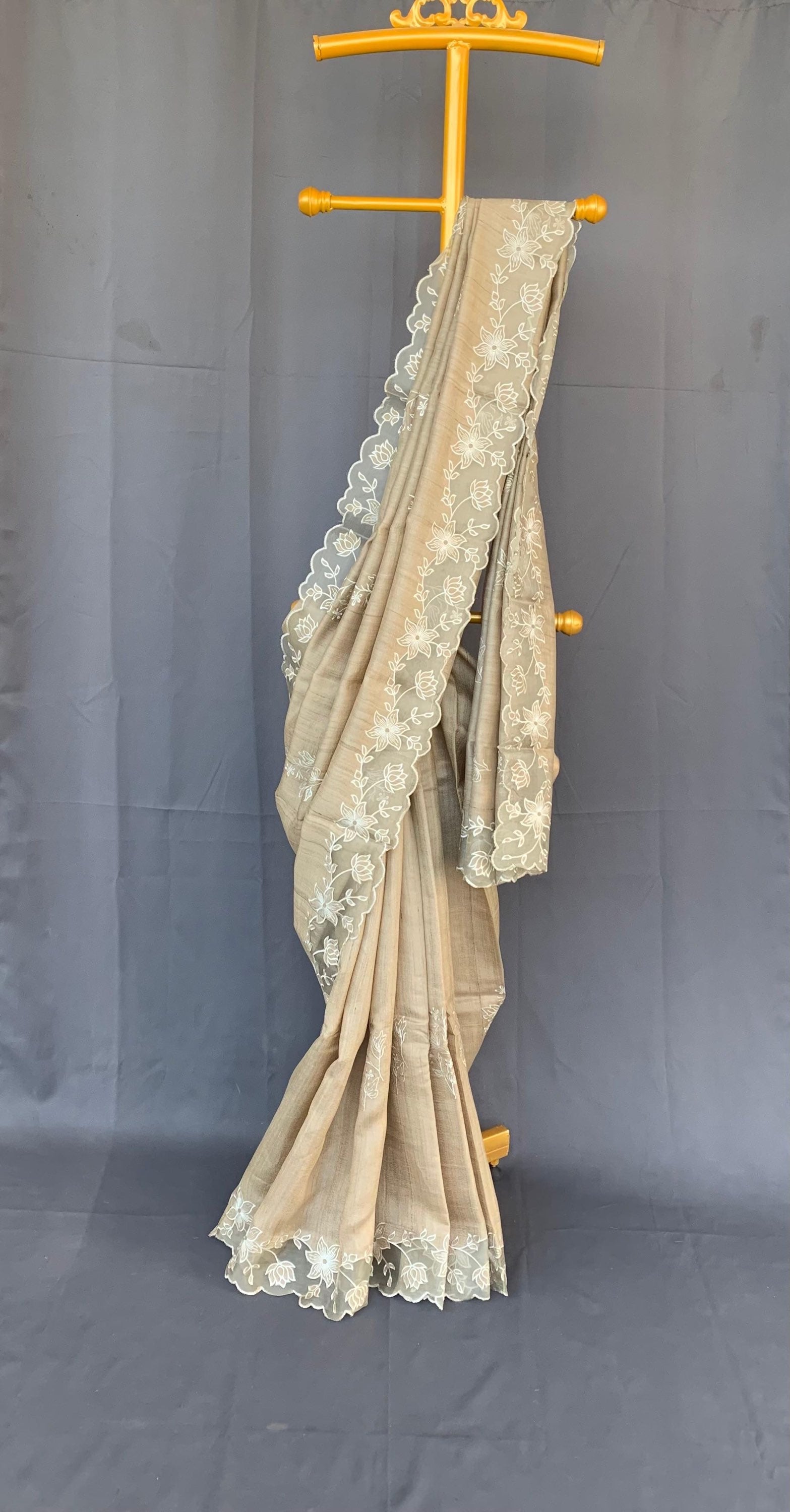 Pure handloom Tussar Designer Saree with Organza Applique Cutwork Border