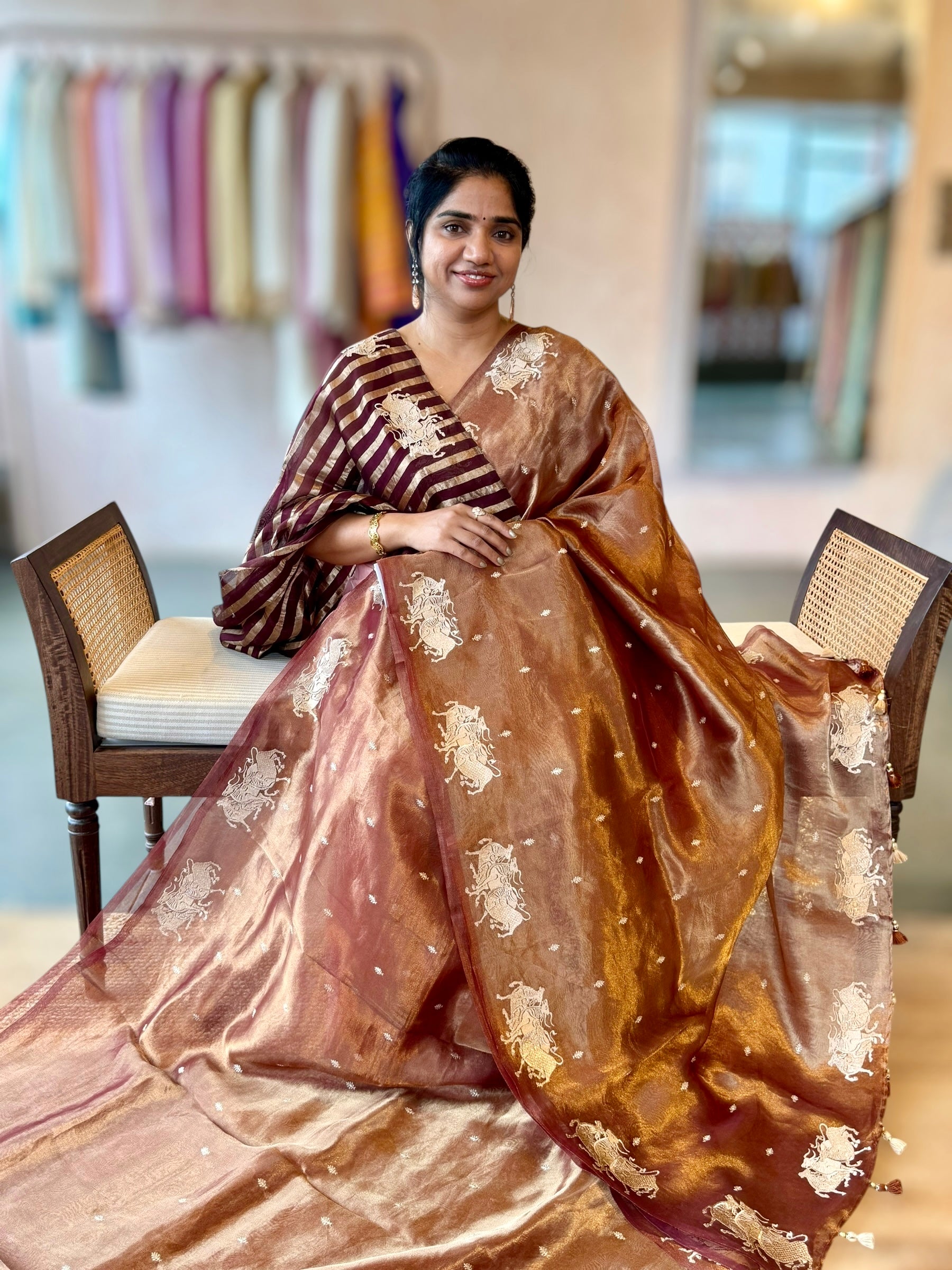 Honey Handloom Tissue Saree wth Nandi Embroidered Border & Stripes Tissue BP