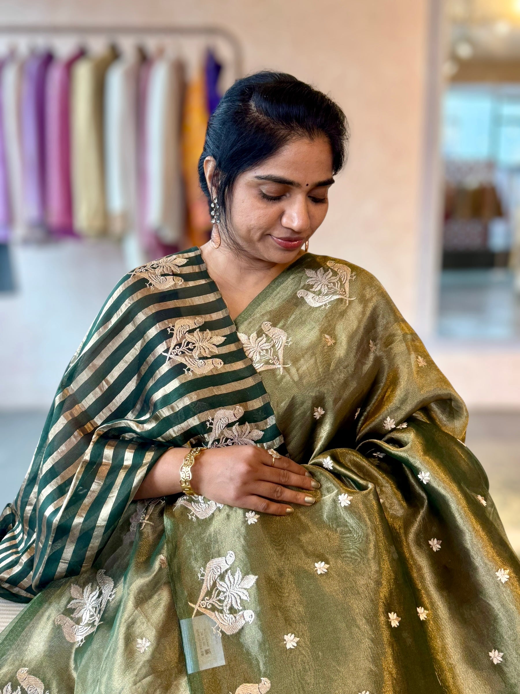 Green Handloom Tissue Saree wth bird Embroidered Border & Stripes Tissue BP