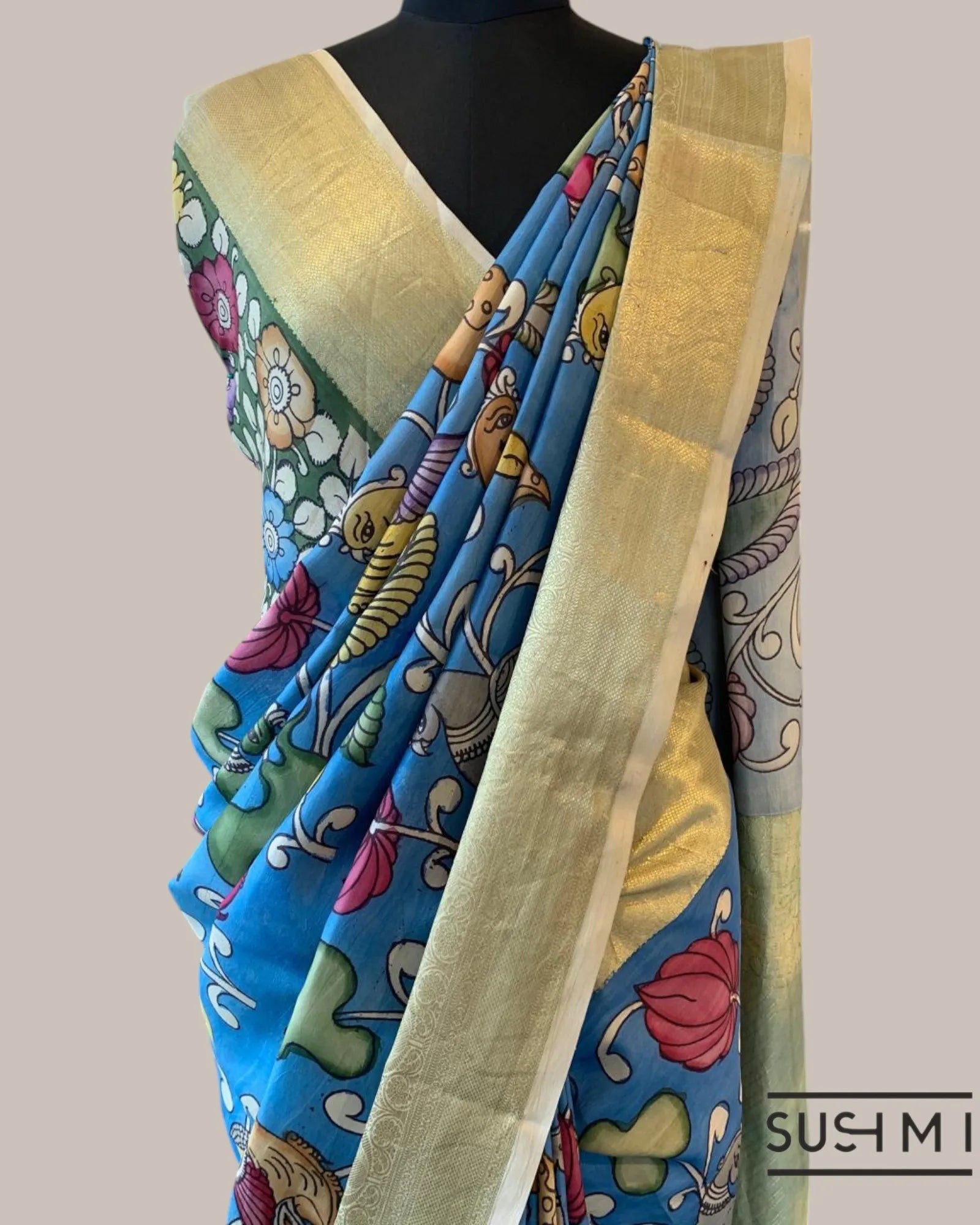 Blue Kanchi Pen kalamkari handpainted saree with heavy borders