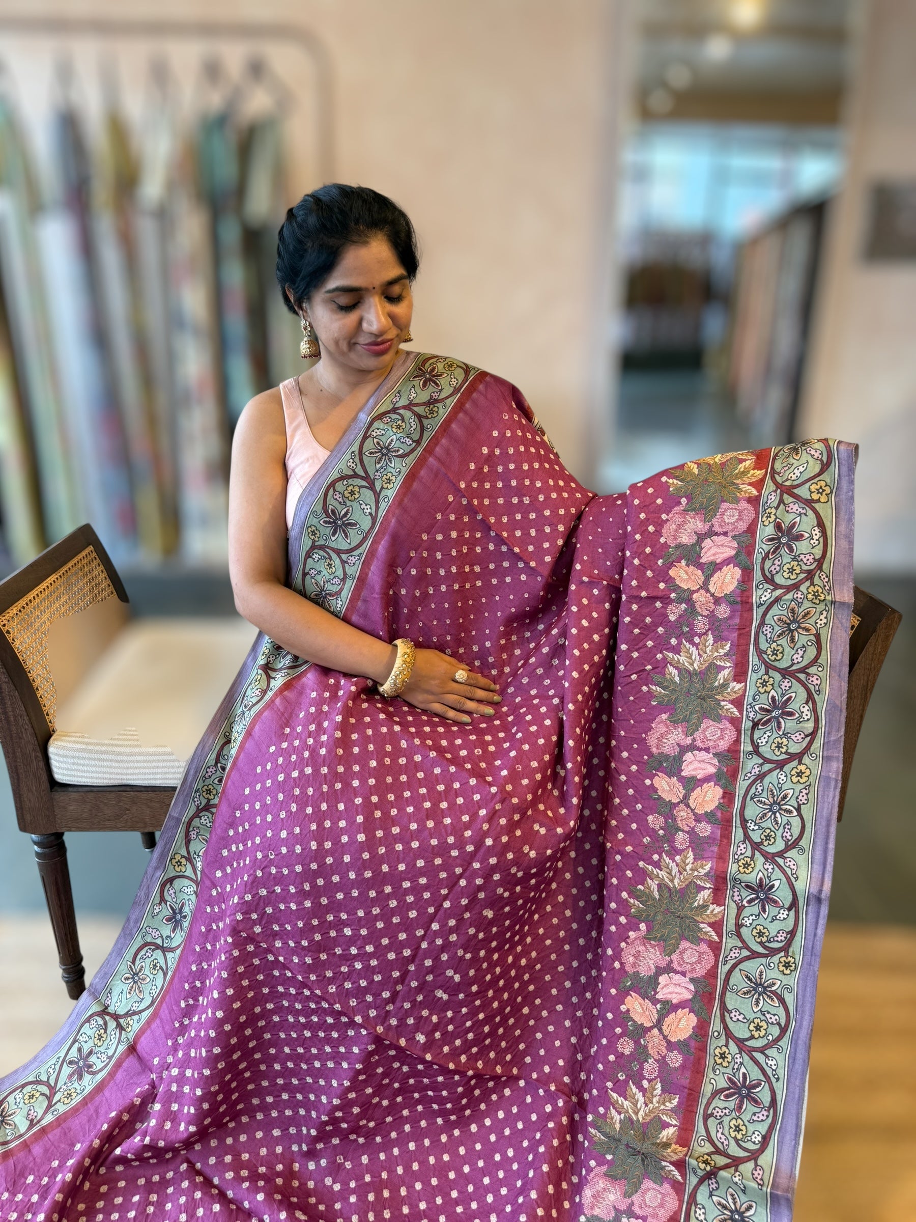 Tussar Bandhini Saree With Pen kalamkari Border & Petite Point Emb Blouse
