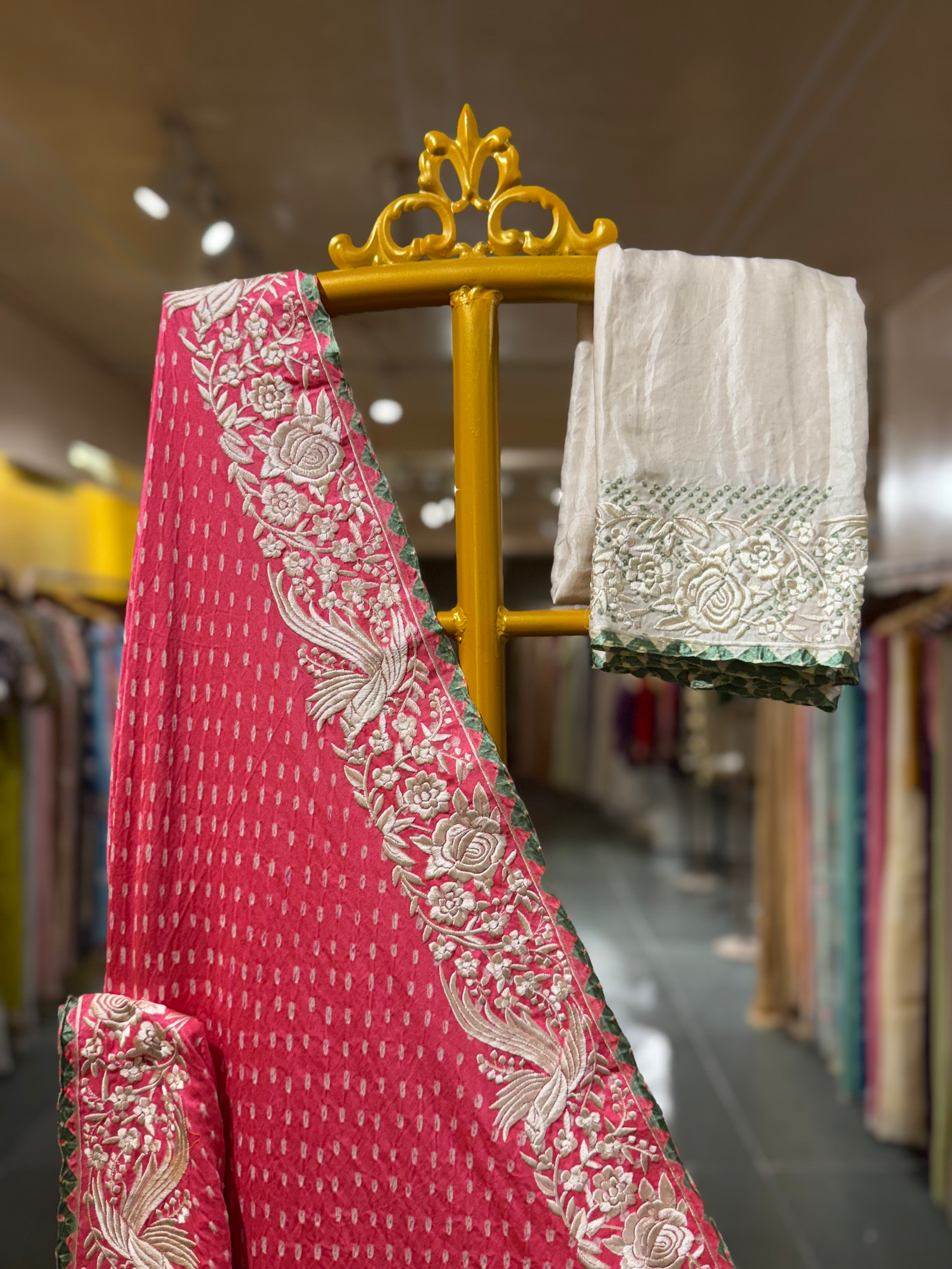 Neon Pink Pure Gajji Silk Kutch Bandhej Saree with Parsi Gara Embroidery