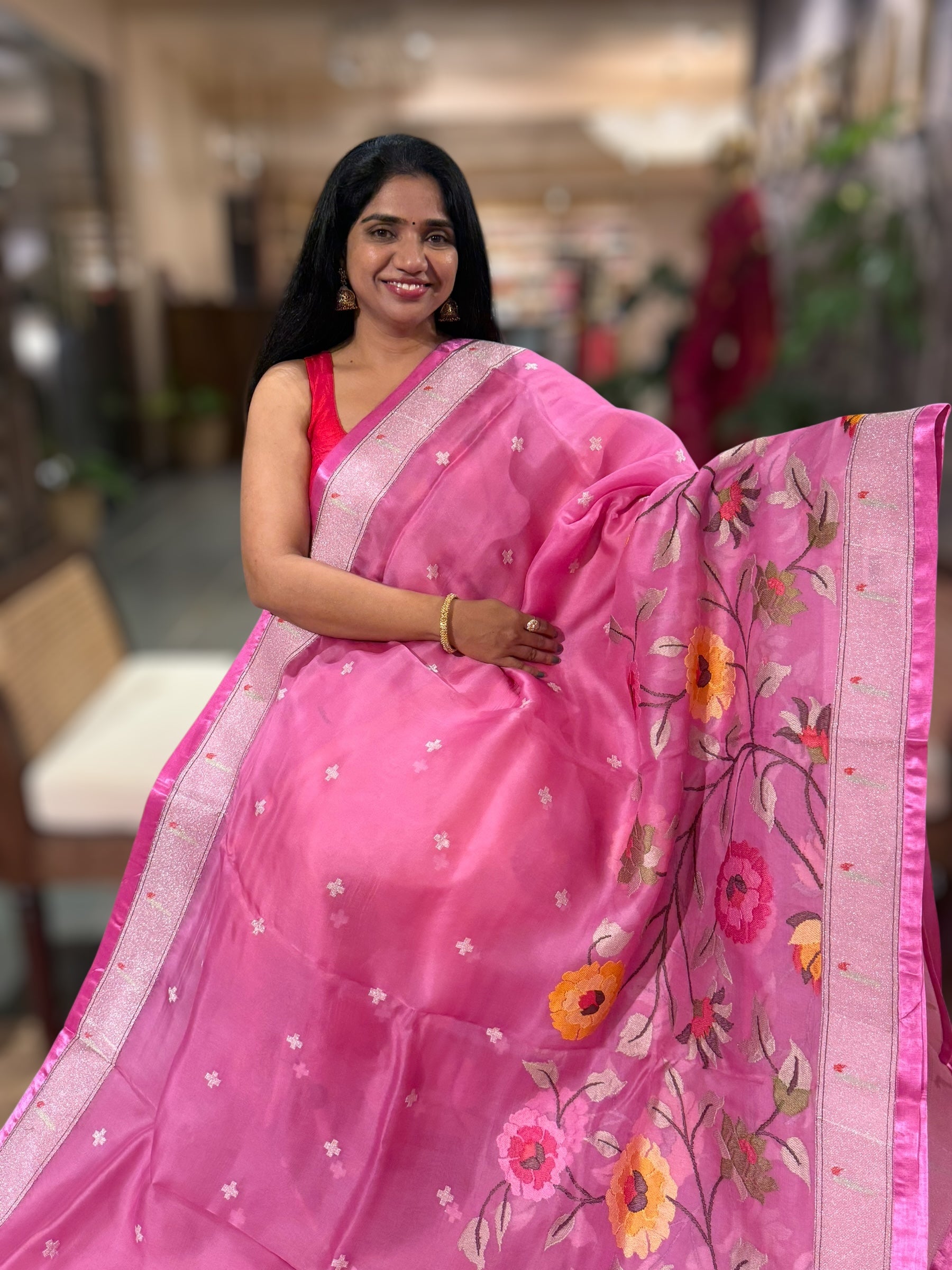 Light Rose Pink Organza Silk Saree With Jamdani Inspired Embroidery