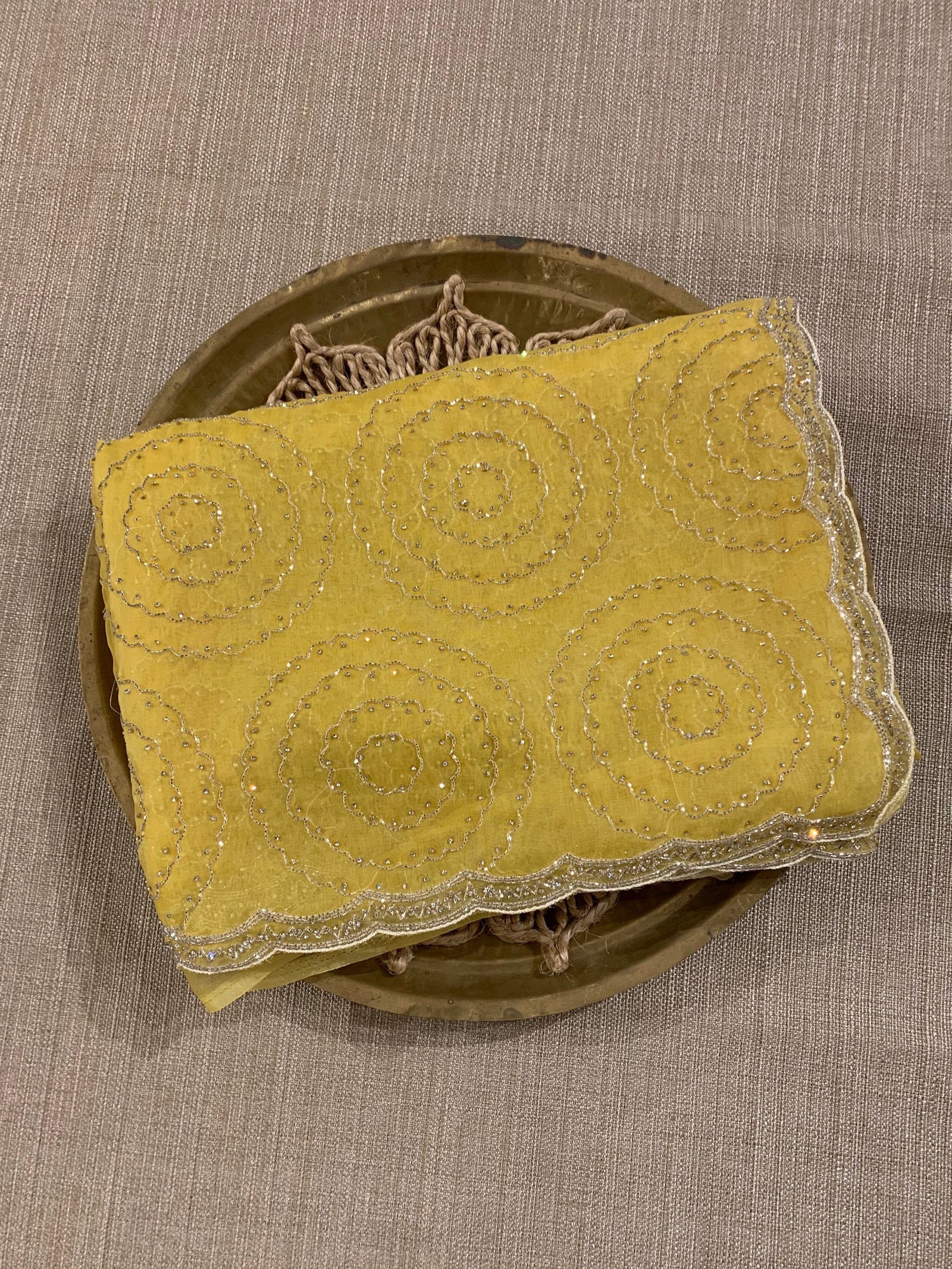 Yellow Organza Cocktail Saree with allover handwork