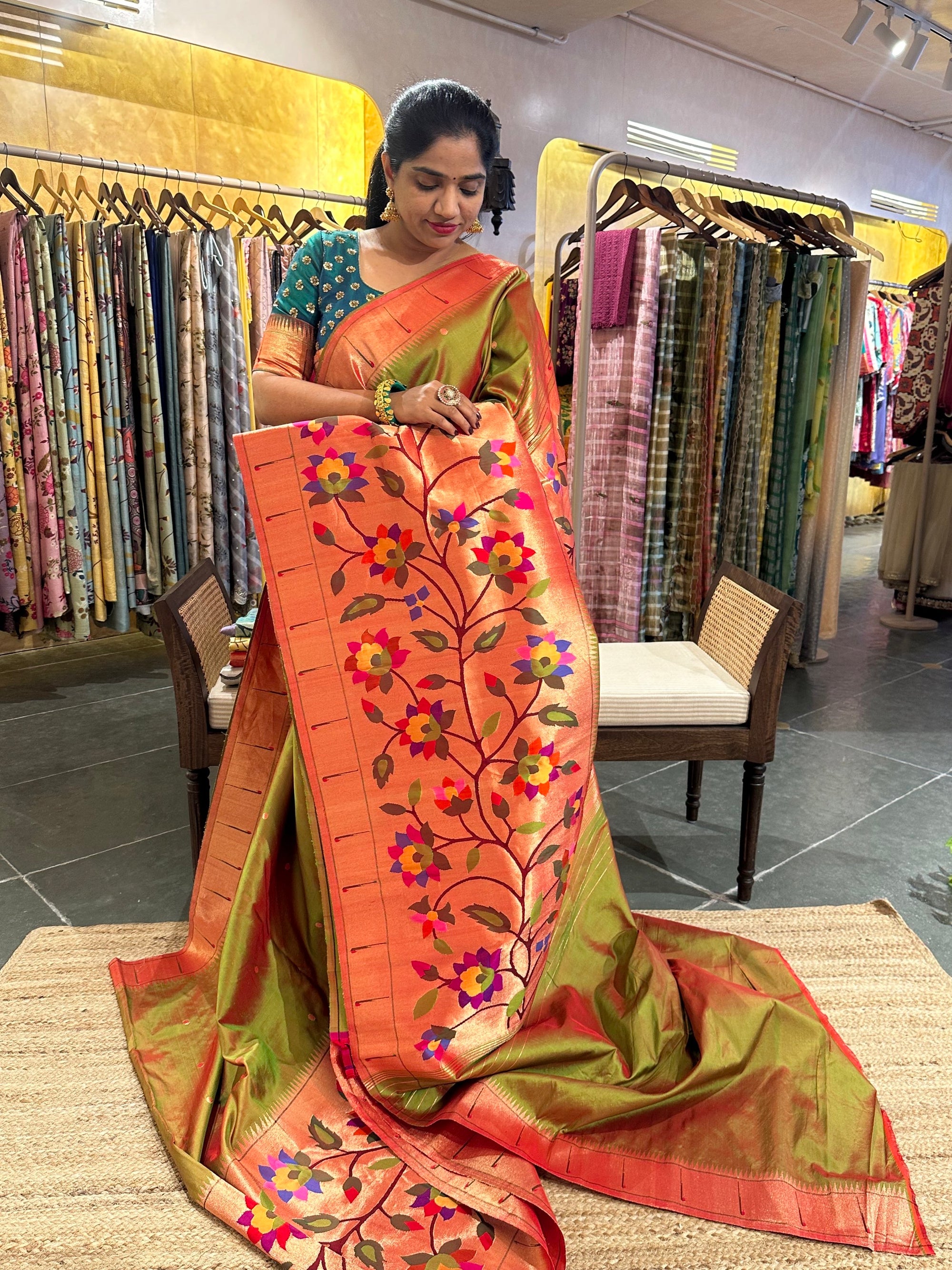 Mehendi Green Half Allover Pure Handloom yeola Paithani Saree