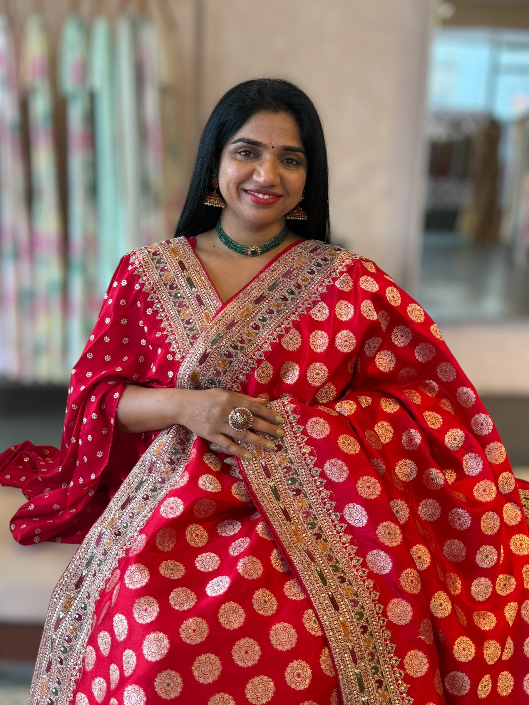 Chilli Red Banarasi Silk Saree Wth Chakra Meenakari Motifs & Sabhyasachi Borders