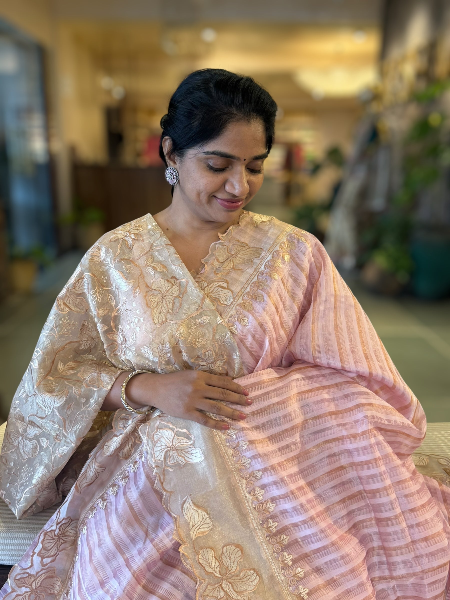 Lilac Pink Mul Tissue Stripes Saree With Tissue Cutwork  Border & Blouse