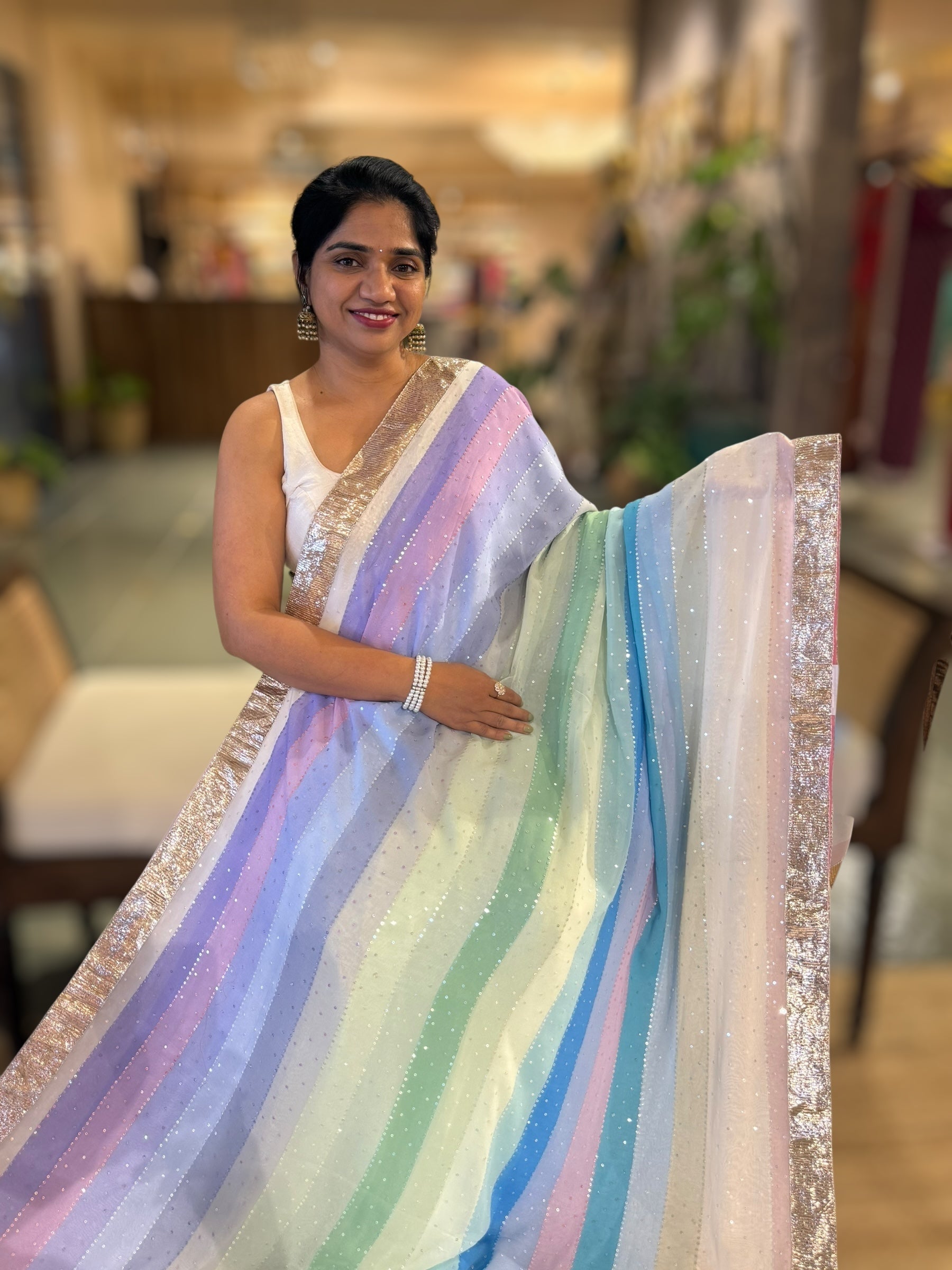 Multi Color Stripes Gorgette Sequnce Saree  With Gota Patti Lace Border