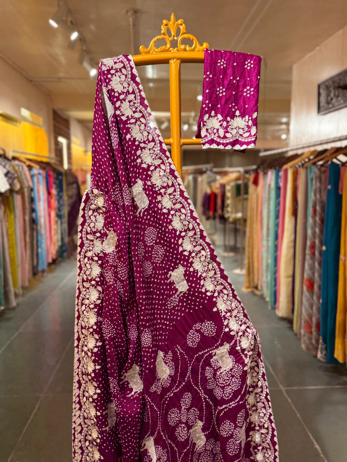 Purple Pure Gajji Silk Rai Bandhej Saree with Pichwai Embroidery