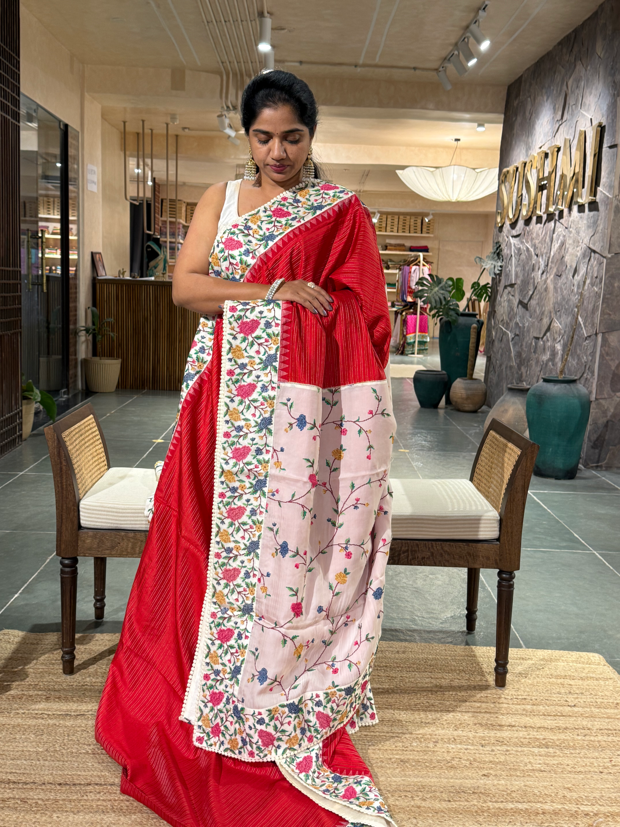 Red Soft Silk Saree with Petite Point Embroidery