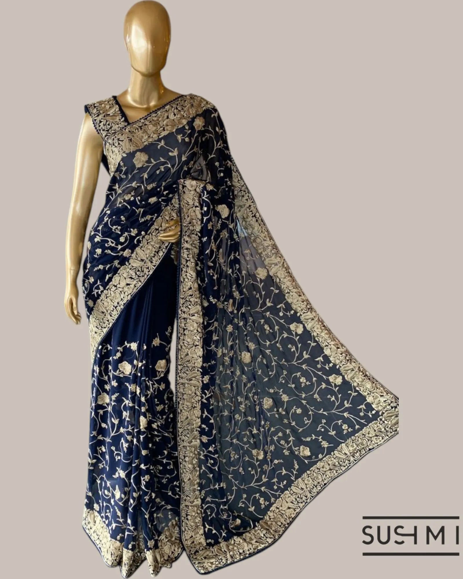 Midnight Blue Pure Gorgette Saree With Parsi Gara Style Allover Embroidery   Ori