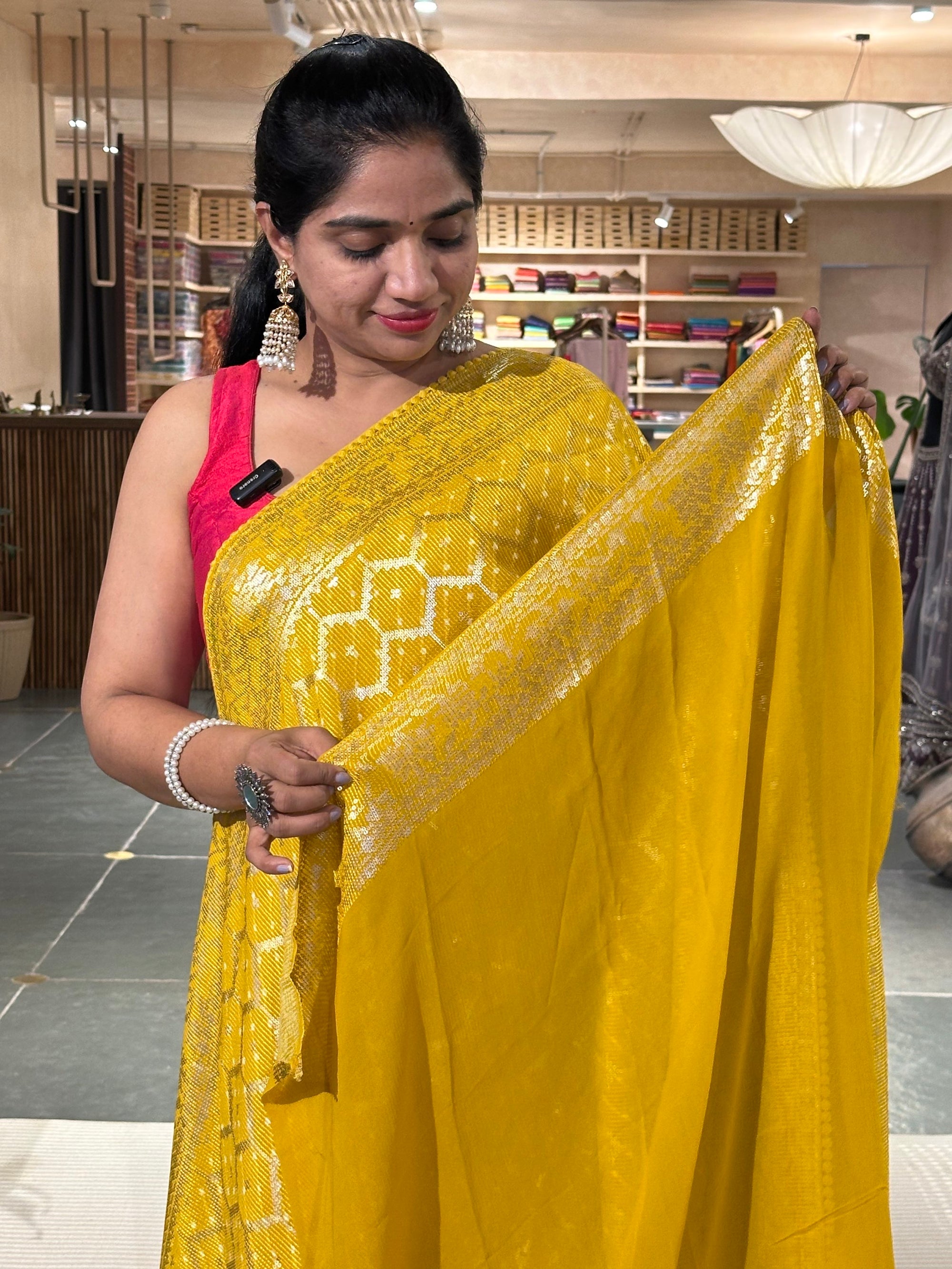 Yellow Pure Gorgette Lehariya Bandhini Sequnce Saree