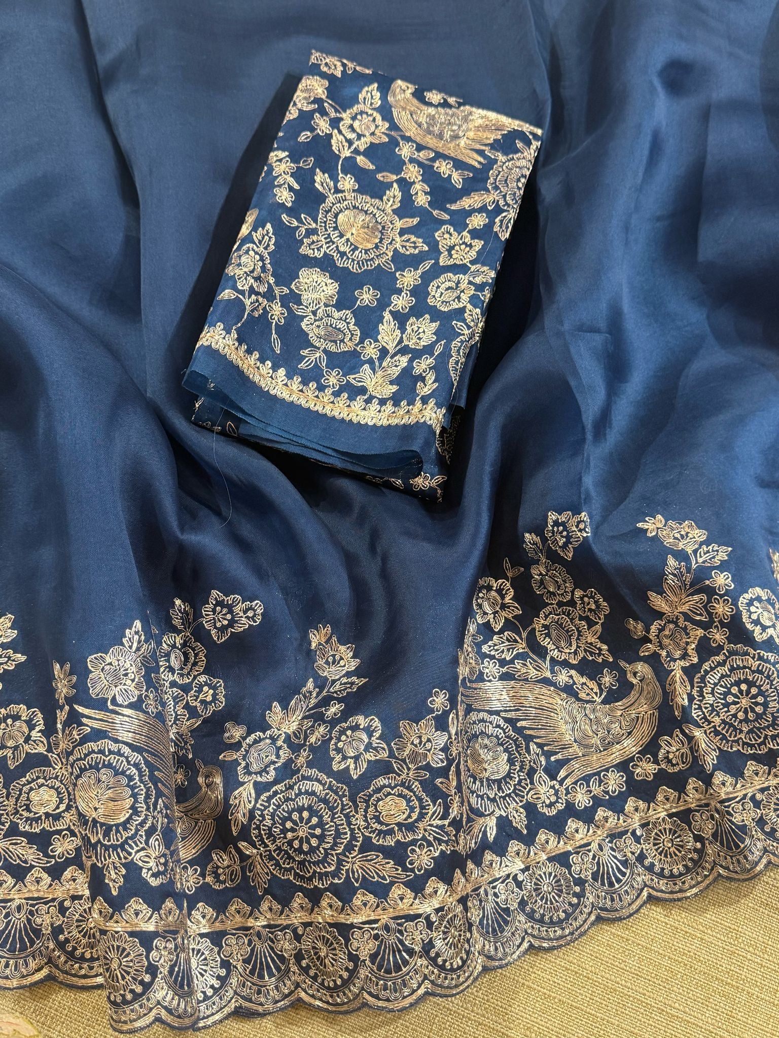 Midnight blue Pure organza Saree with pita emb