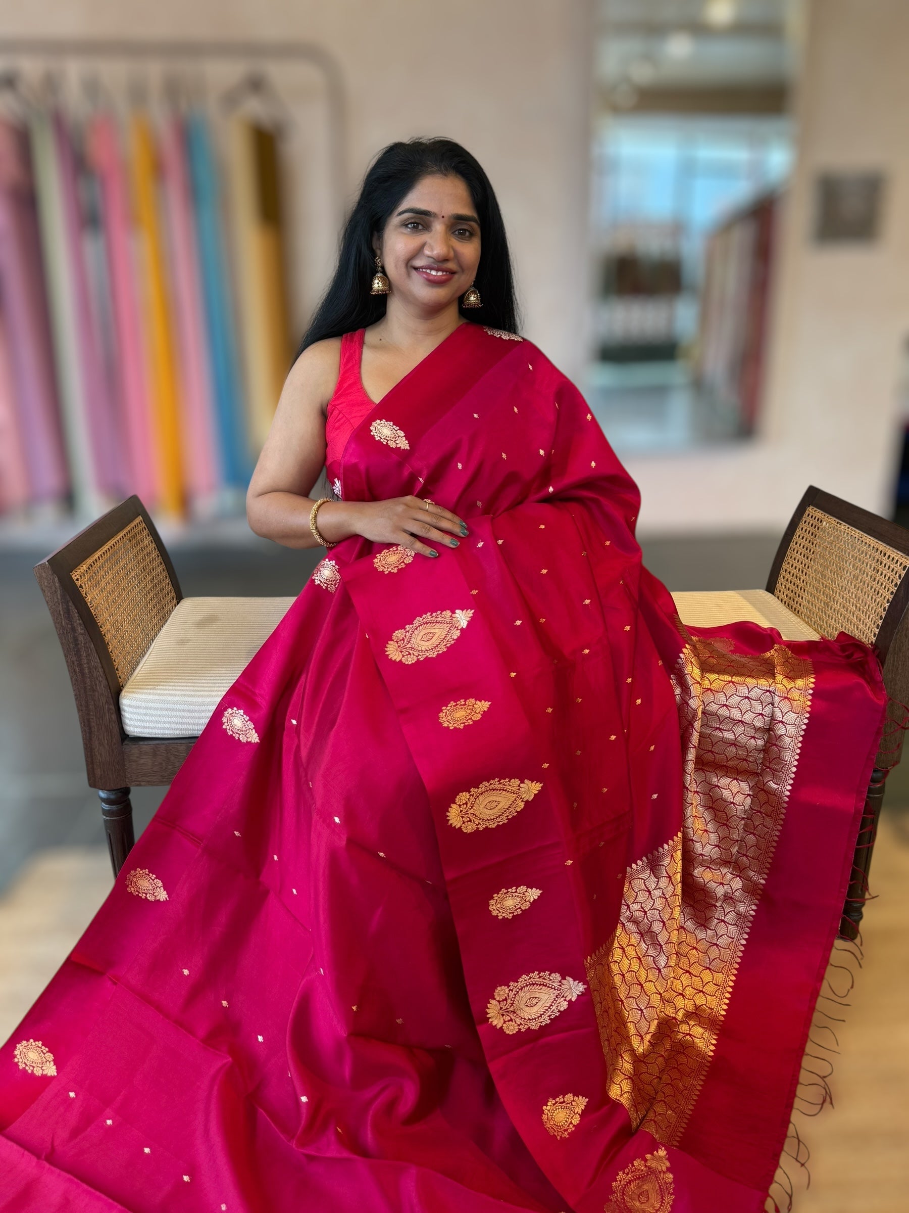 Ruby Pink Banarasi Raw Mango Silk Saree with Open Borders & Kaduwa Woven Motifs
