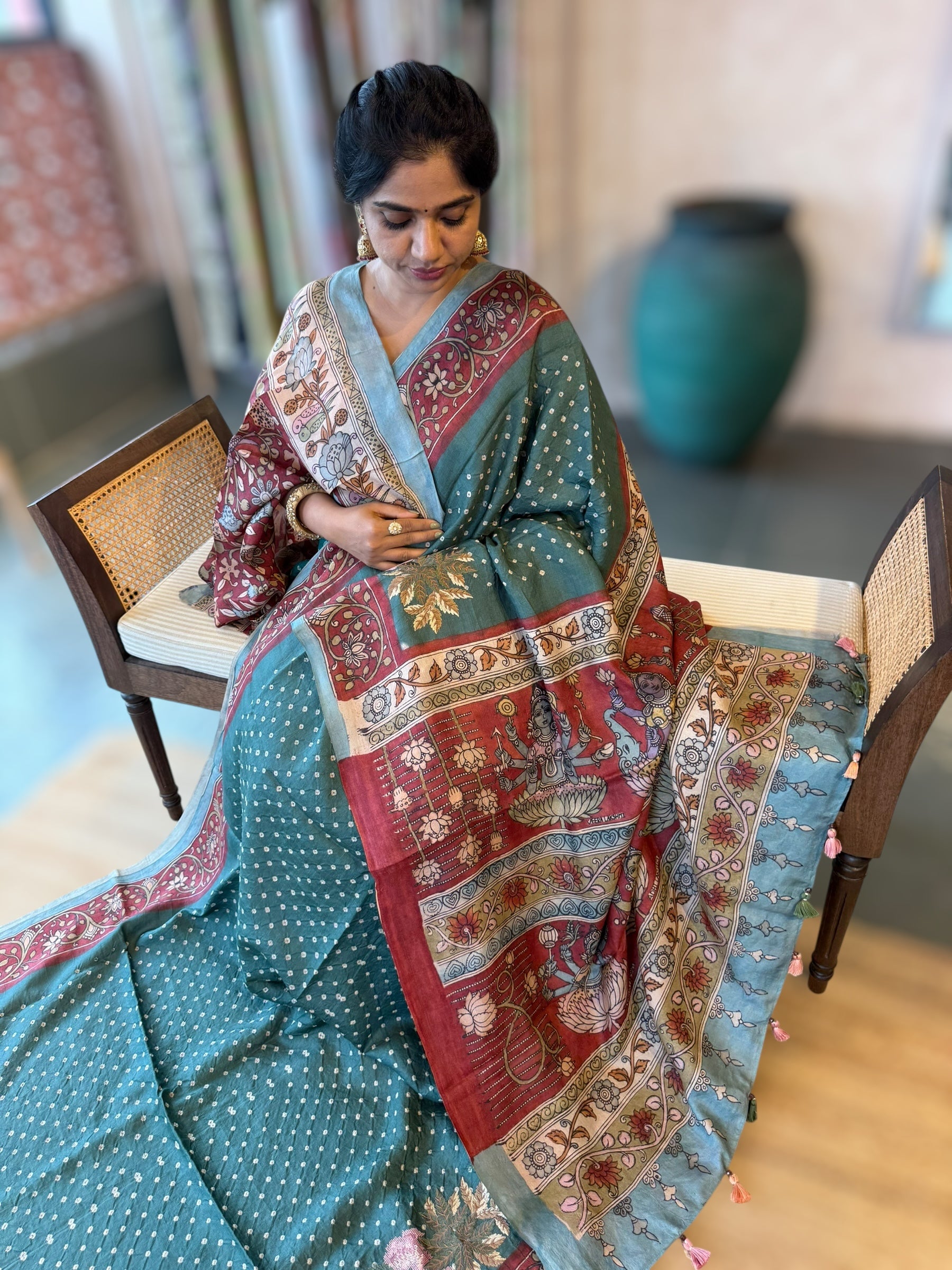 Bandhini Saree With Pen kalamkari Border & Petite Point Emb Blouse