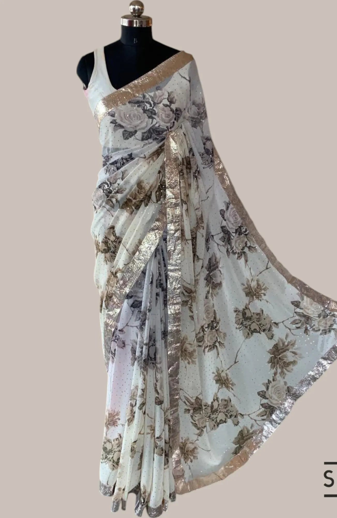 Shaded Gorgette Floral Printed Saree with allover sequence & hemlined gota lace