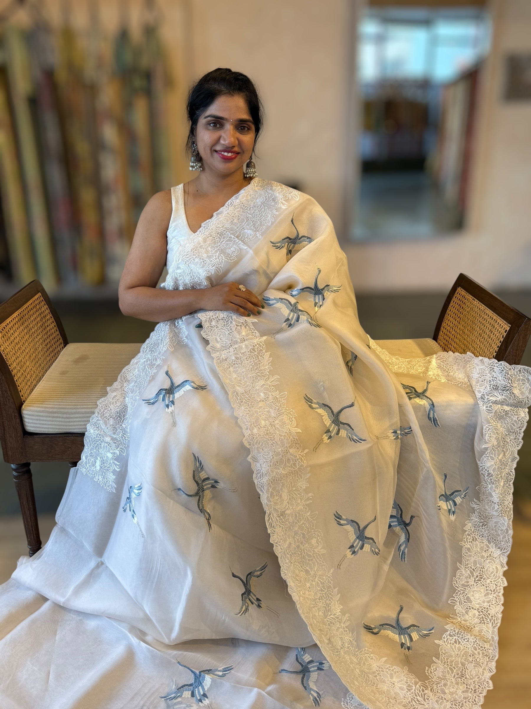 Ivory Organza Saree with Cutwork Borders & Blue Cranes