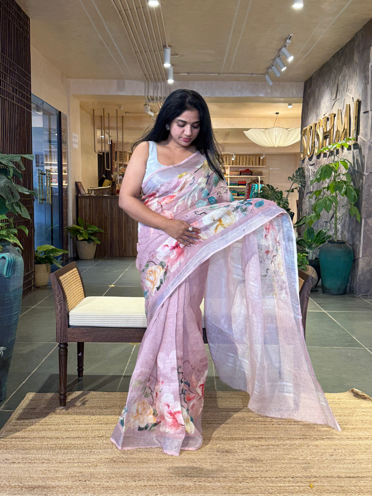Dusty Pink Pure Handloom Lenin Printed Sarees With Silver Zari Border
