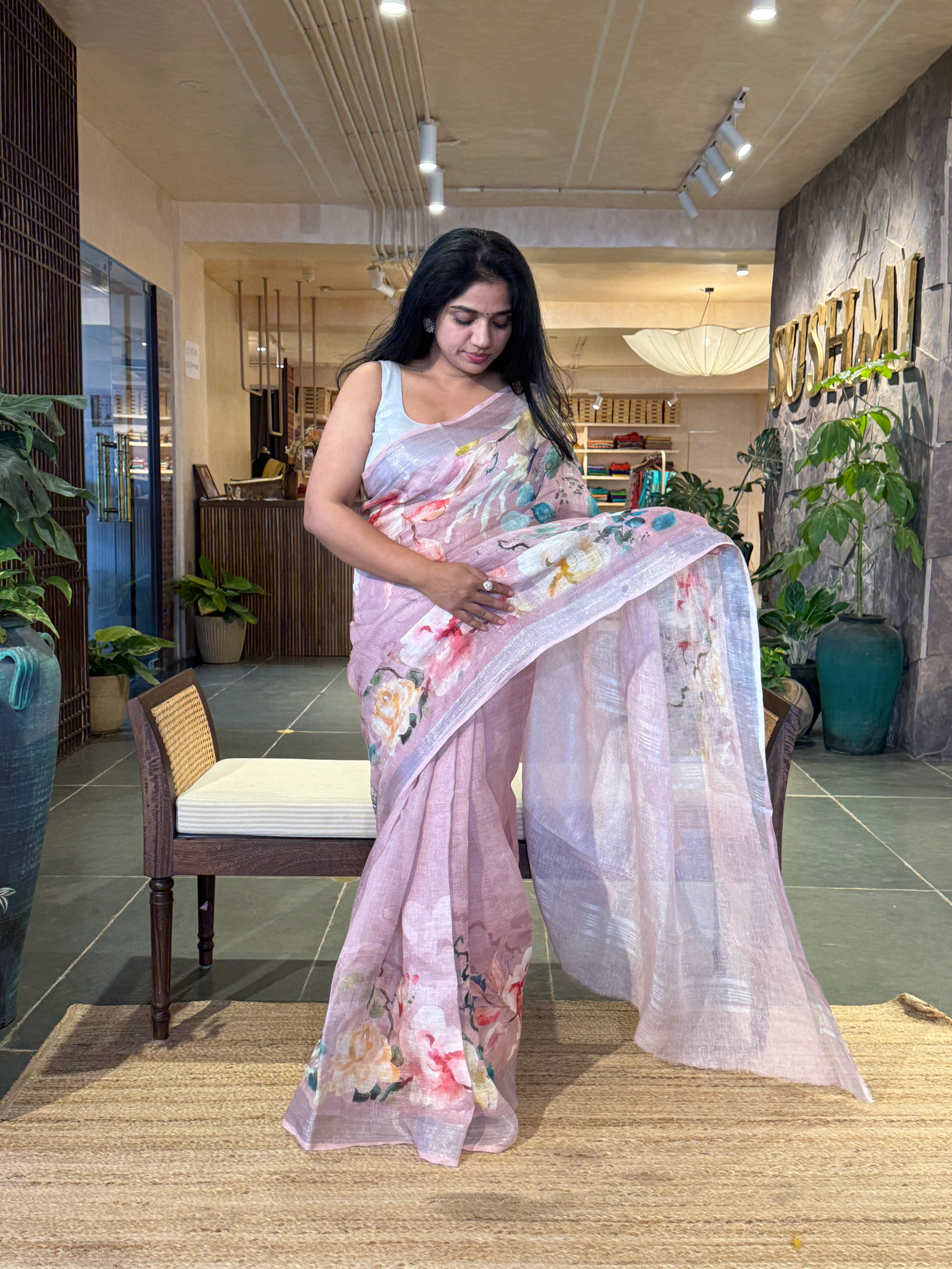 Dusty Pink Pure Handloom Lenin Printed Sarees With Silver Zari Border